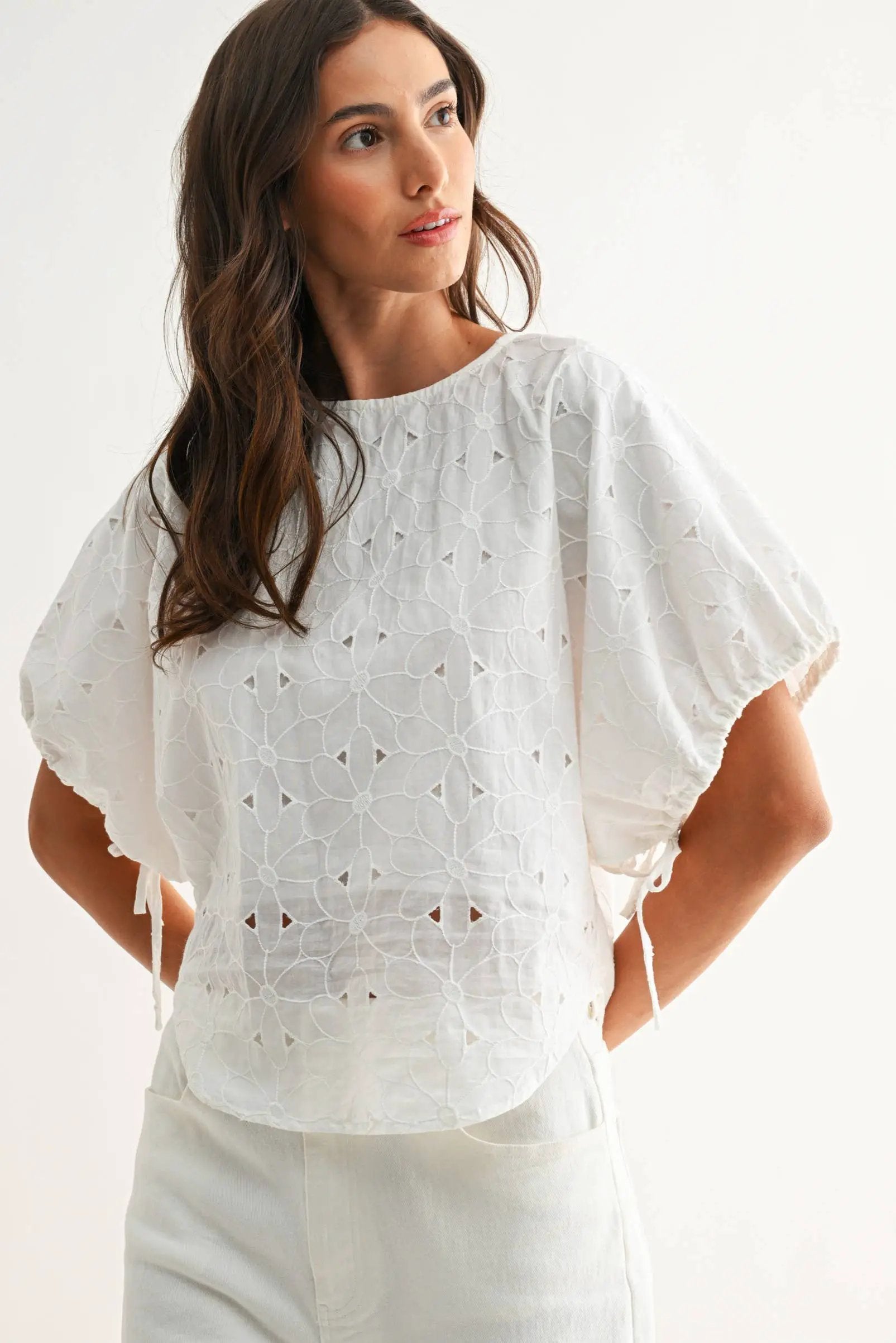Camellia The Heirloom Stitch Floral Eyelet Cotton Top – Off White - Blouses