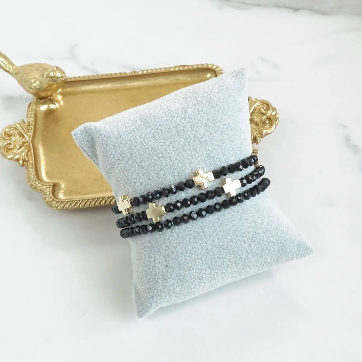 PennyLine inc Mini Sideways Cross Bracelet stack Glass and gold metal beads: Black - Jewelry mini sideways cross bracelet stack glass and gold metal beads black