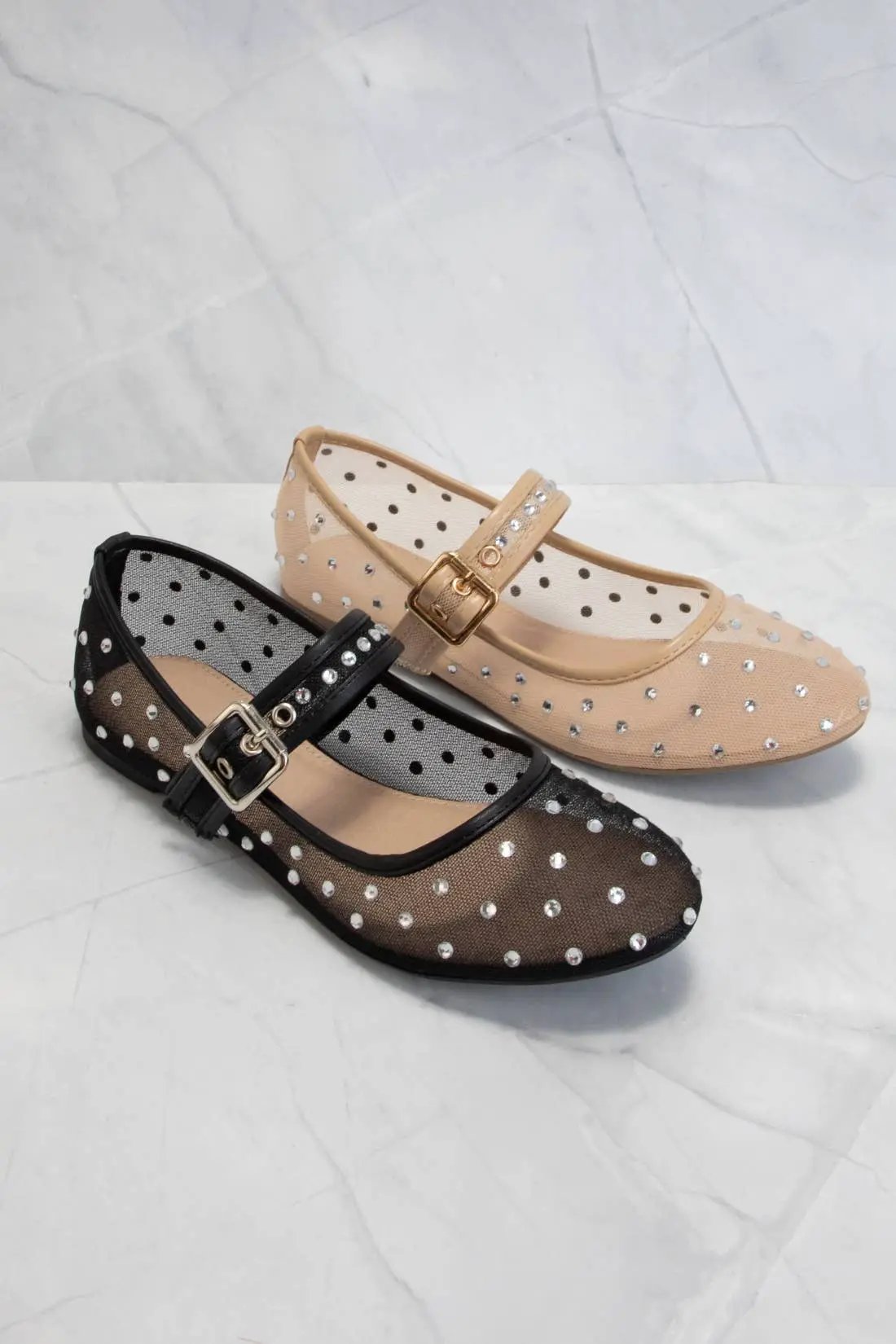 CCOCCI CCOCCI Rhinestone Embellished Mesh Mary Jane Flats - Shoes Rhinestone embellished Mary Jane Flats