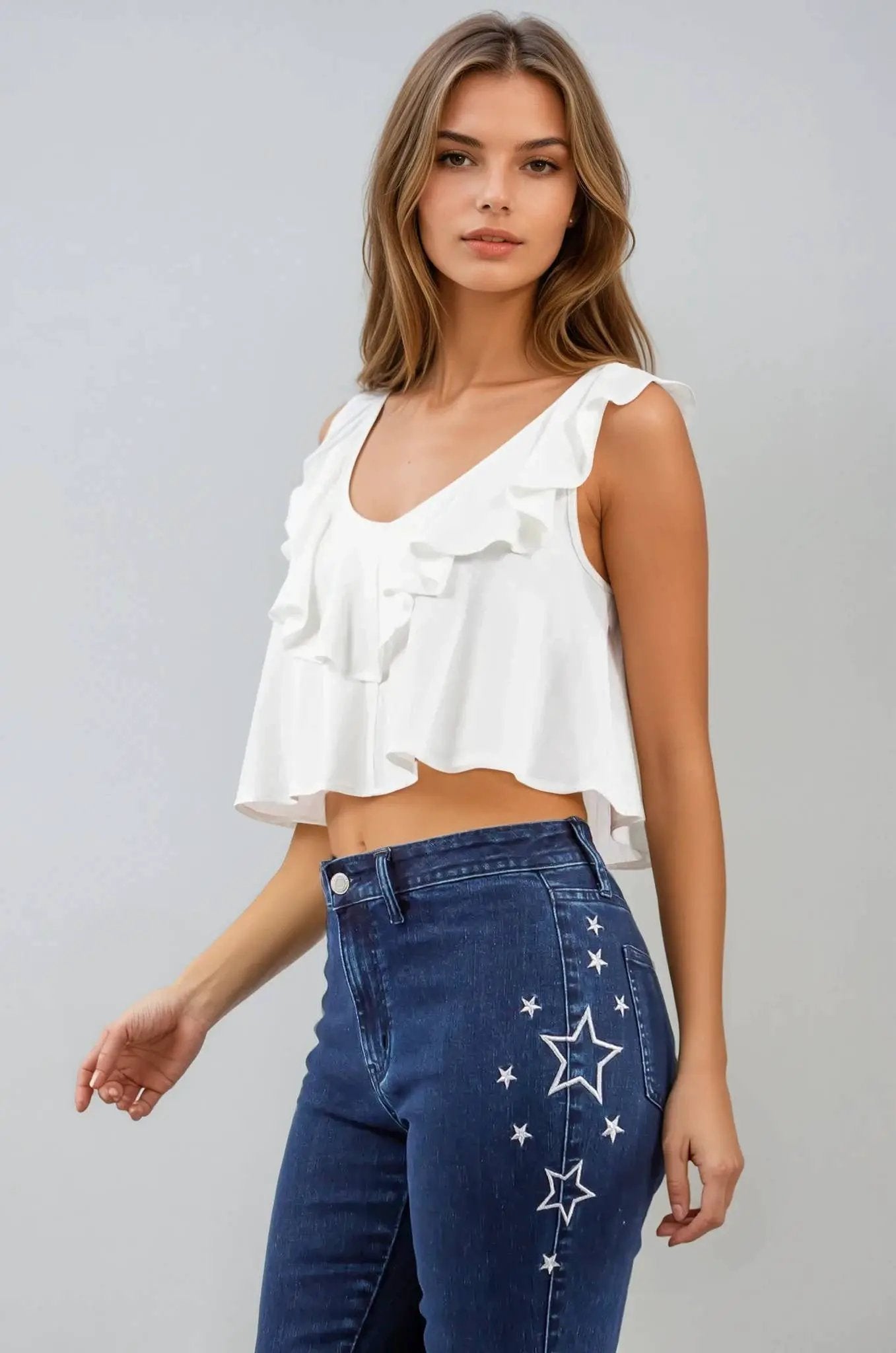 WISTERIA LANE Wisteria Lane - Soft Breeze Ruffled Linen Crop Blouse - Blouses