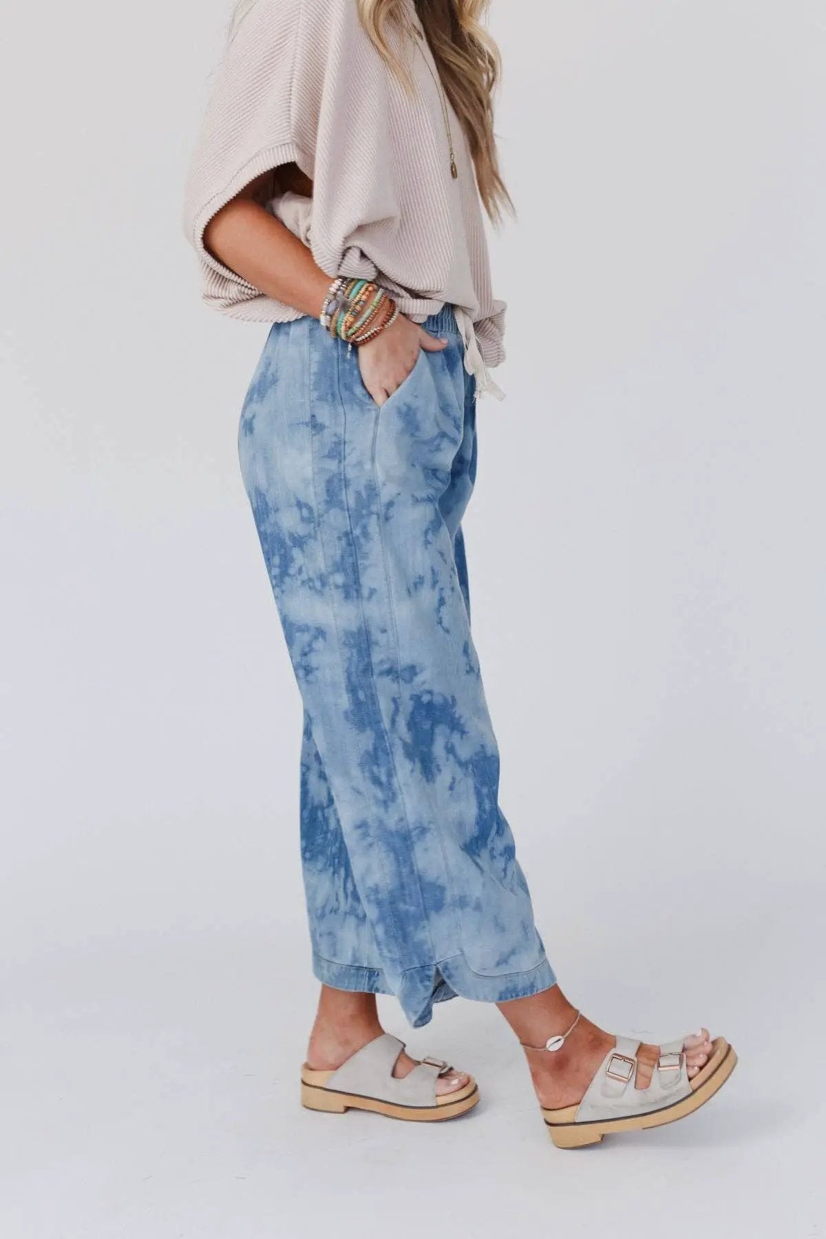 Three Bird Nest Three Bird Nest - So Comfy Wide Leg Cropped Pant - Bleach Dye Denim - Pants