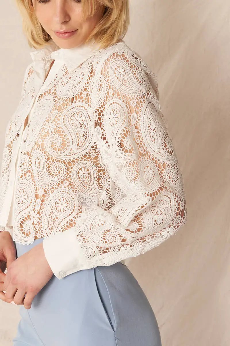 En Crème En Crème White Long Sleeve Paisley Lace Button Down Top - Blouses