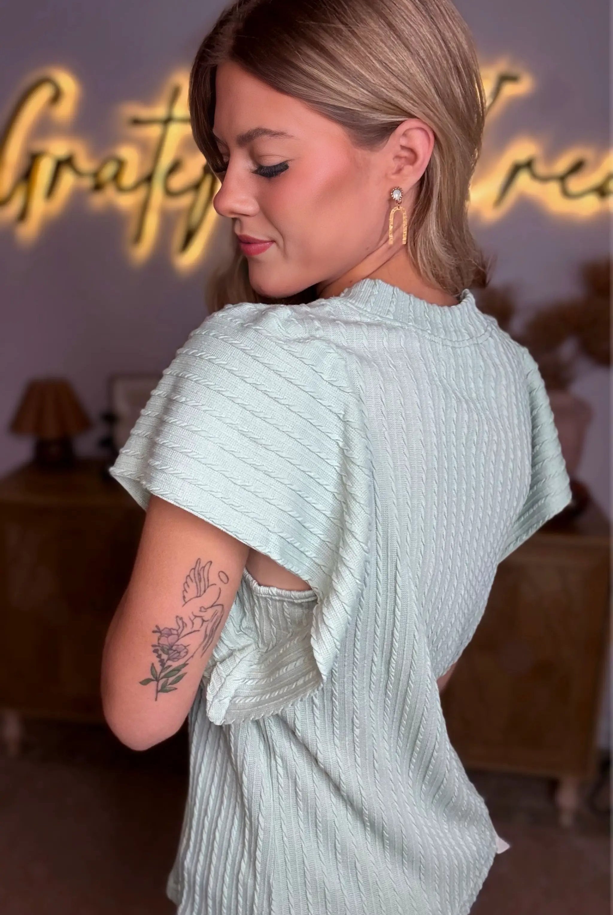 Grateful Threads Boutique Moonlight Jade Solid Color Textured Flutter Sleeve Top - Blouses Moonlight Jade Solid Color Textured Flutter Sleeve Top
