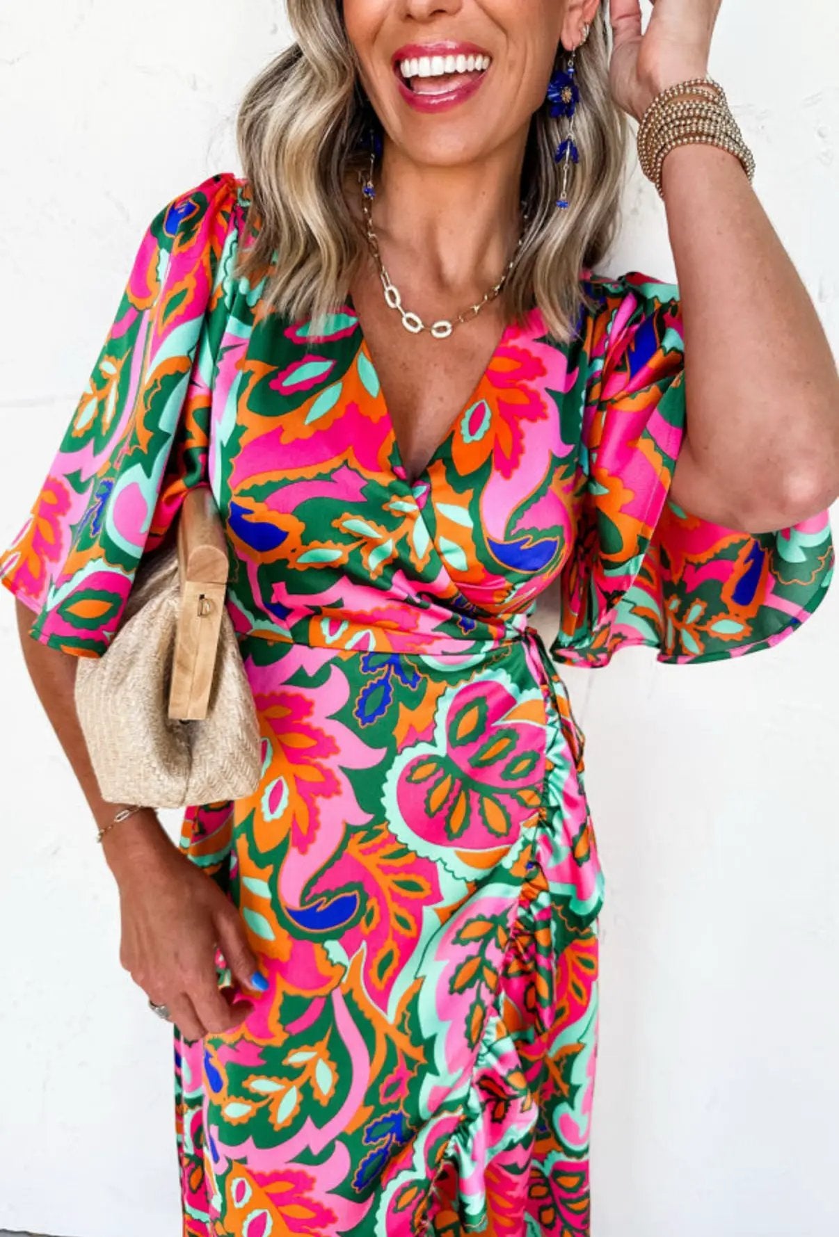 Grateful Threads Boutique Rose Summer Plant Print Surpliced V-Neck Ruffled Asymmetric Slit Short Sleeve Maxi Dress - Dresses