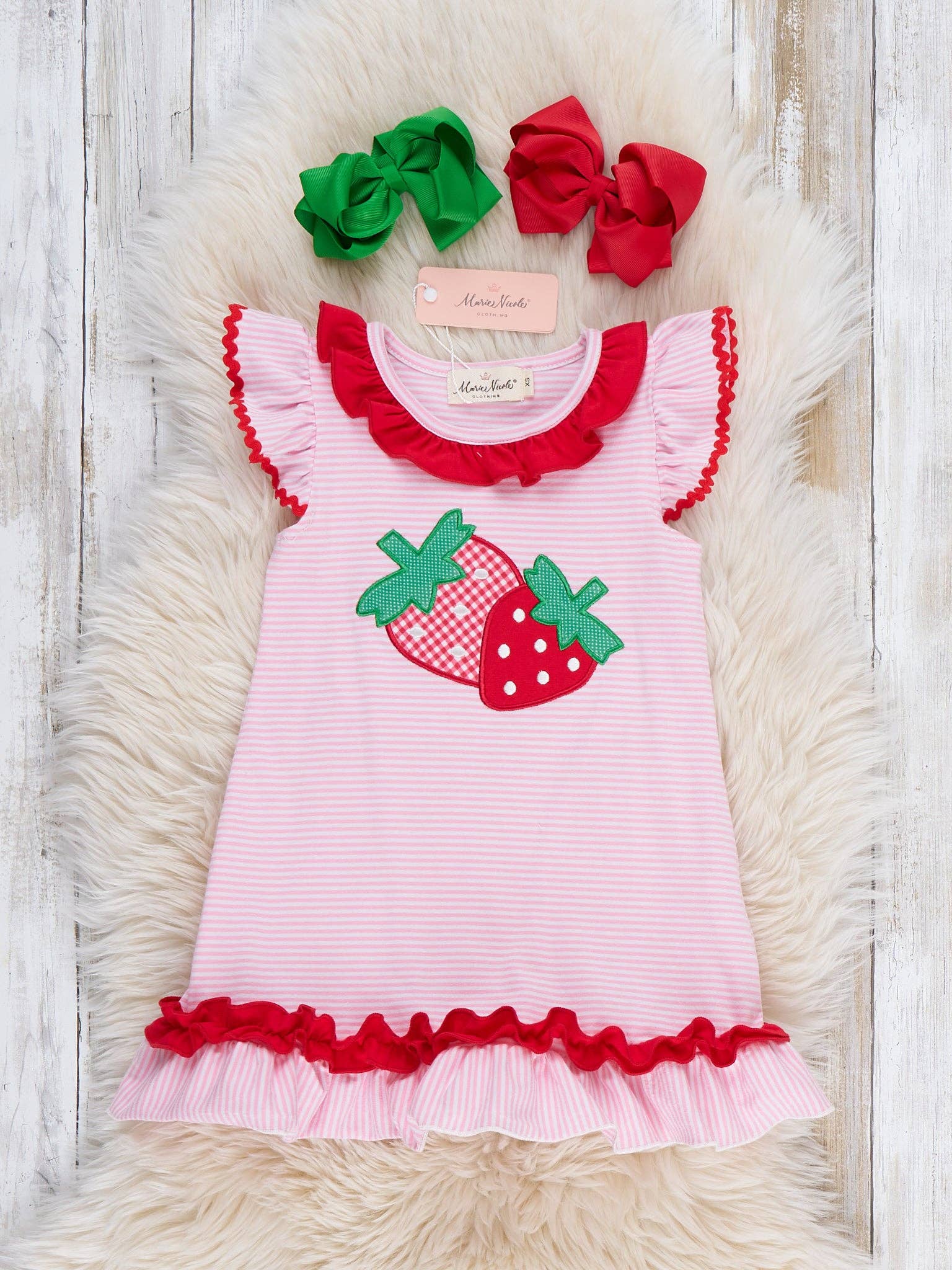 Marie Nicole Clothing Strawberry Twins Striped Embroidered Cotton Ruffle Dress - Baby & Toddler Dresses