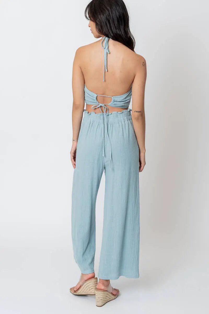 En Crème En Crème Light Blue Cropped Halter Top and Pants Set - Outfit Sets cropped halter top and pants set