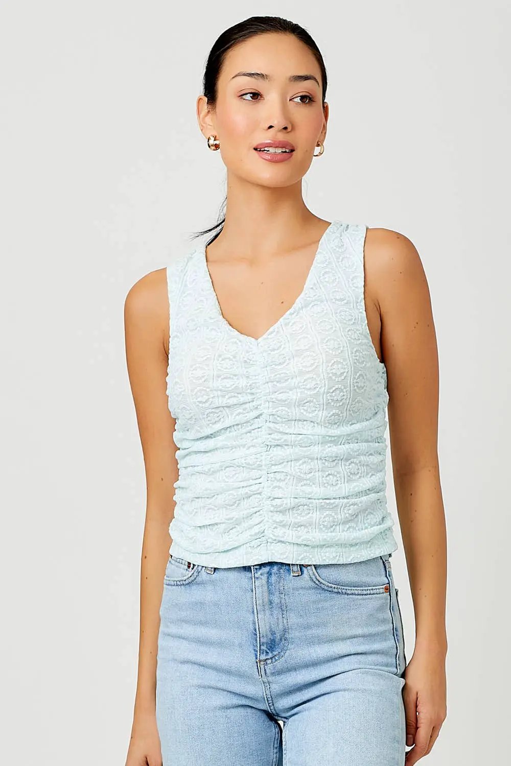 Mystree Mystree - Ice Garden Ruched V-Neck Tank Top - Tank Tops