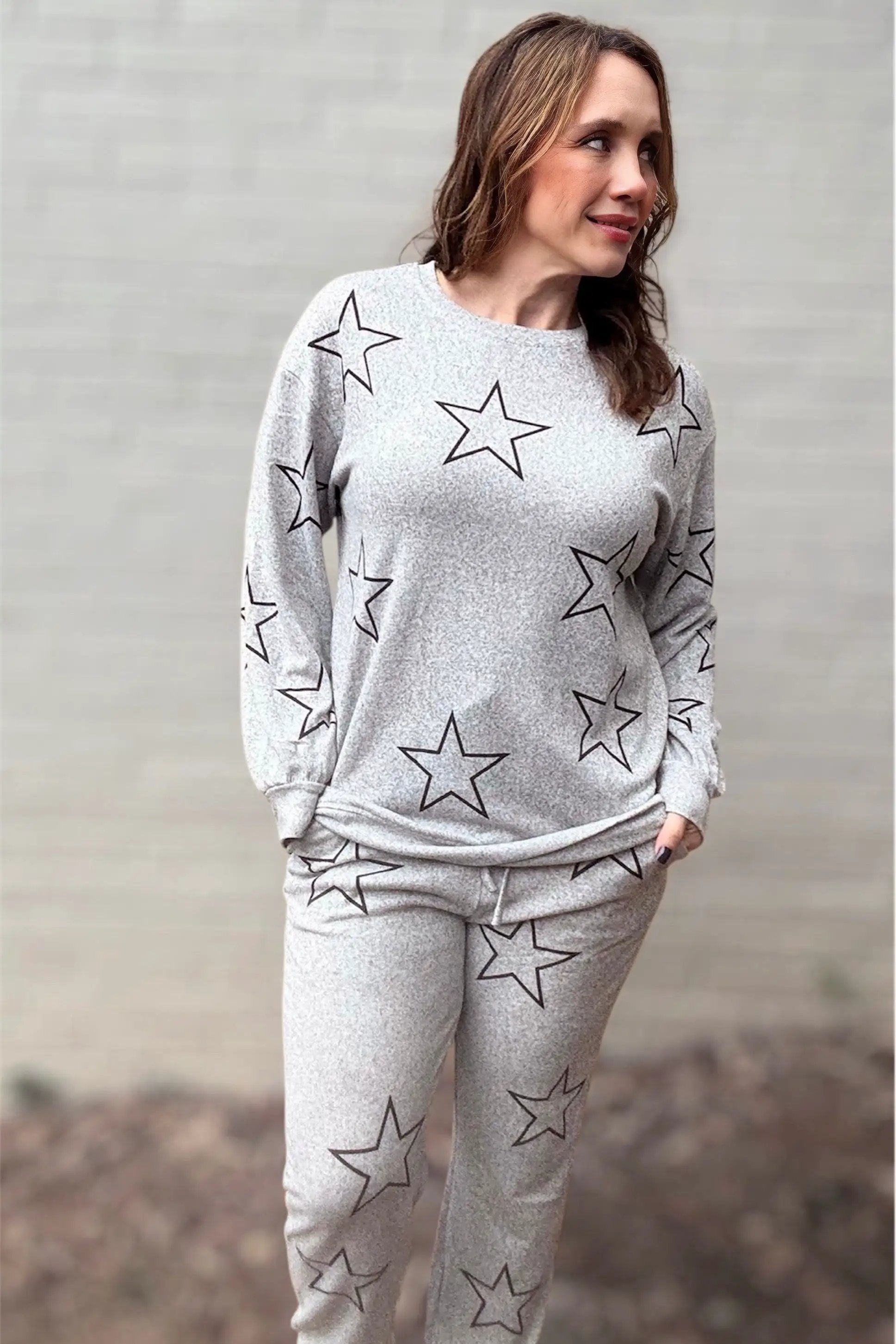 Grateful Threads Boutique Gray Stars Print Long Sleeve Drawstring High Waist Lounge Set - Loungewear