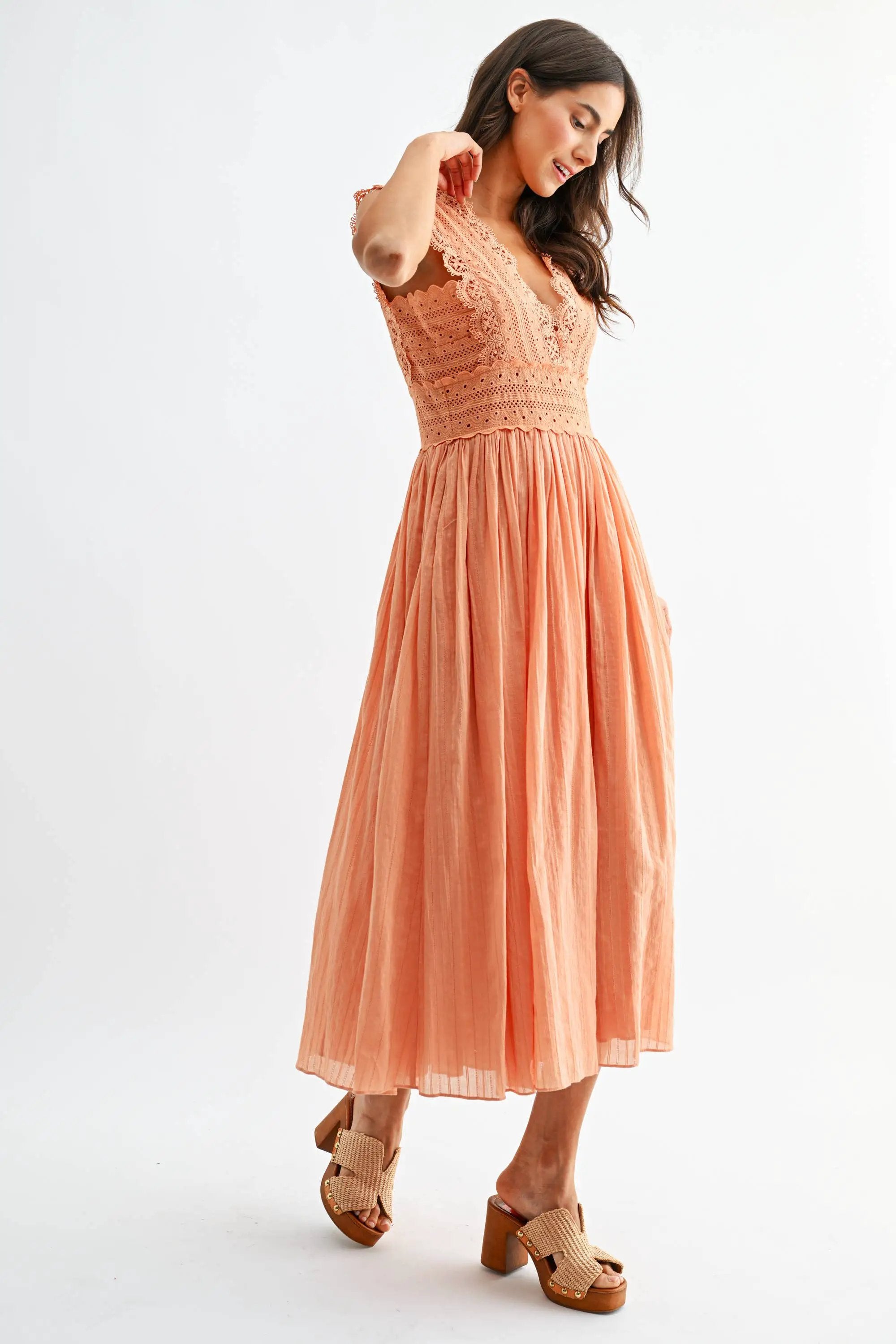 Camellia The Orange Cream Dream Lace Boho Midi Dress - Dresses