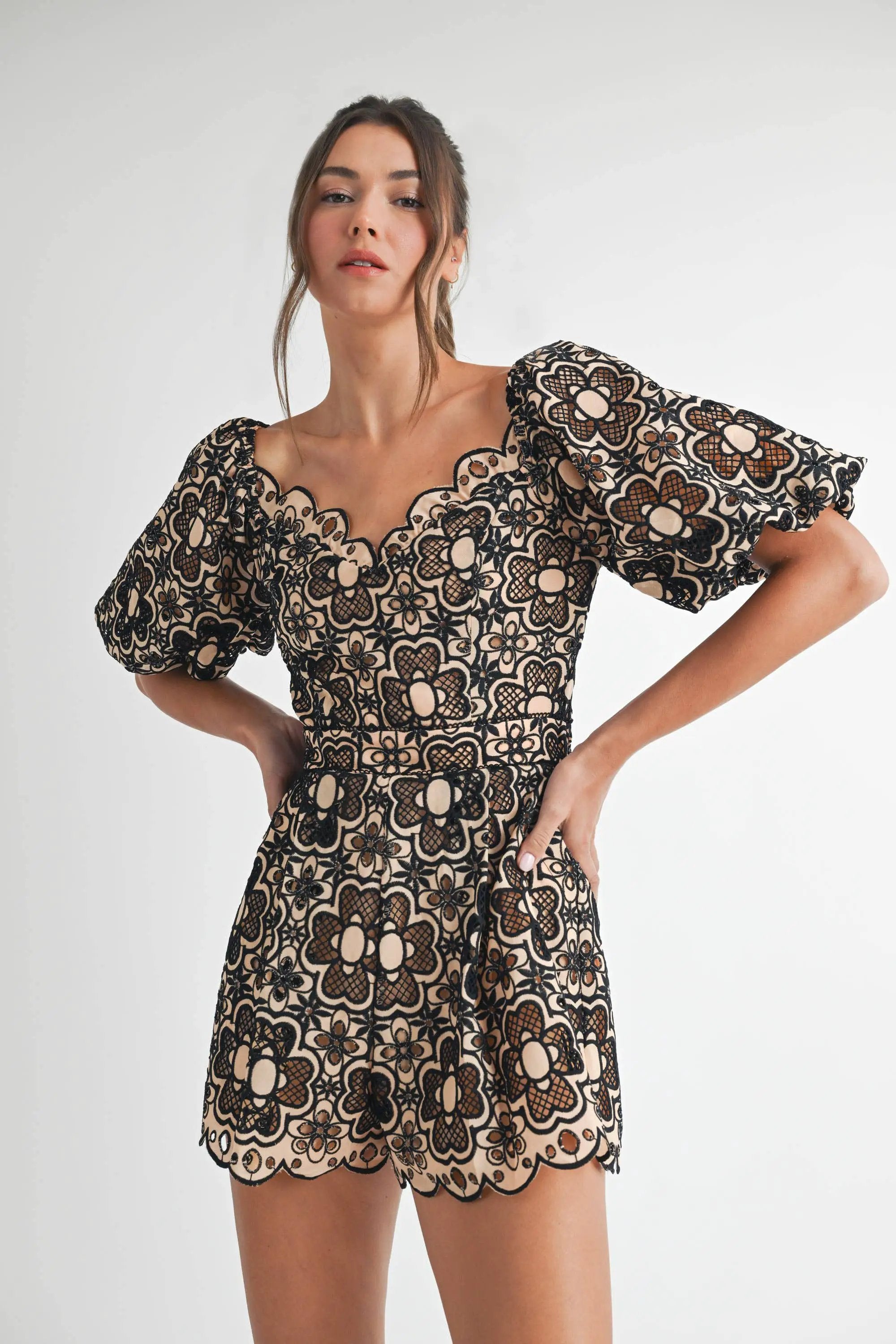 Endless Blu Endless Blu Taupe and Black Crochet Short Sleeve Romper - One-Pieces