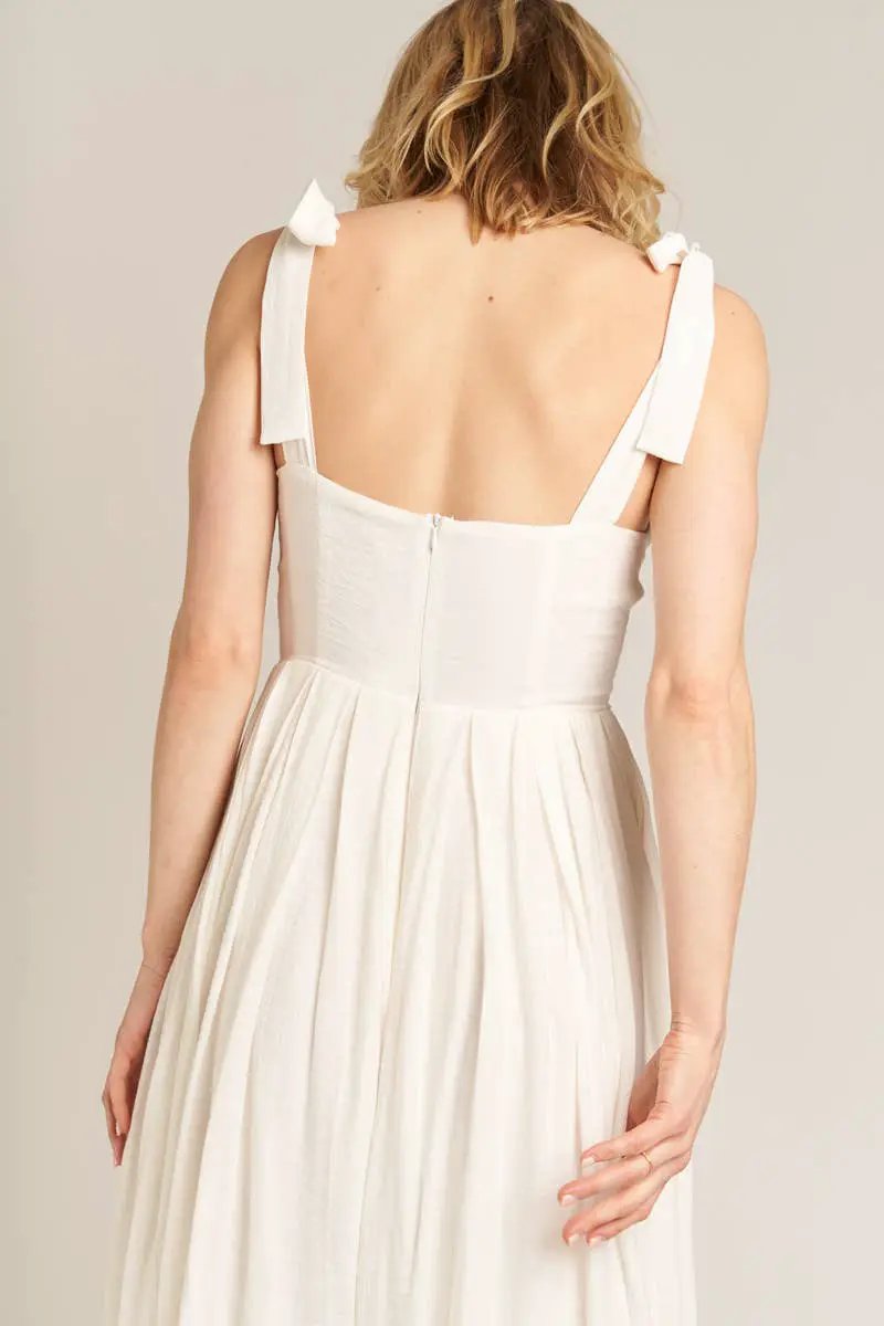 En Crème En Crème White Shoulder Tie Pleated Wide Leg Culotte Jumpsuit - One-Pieces