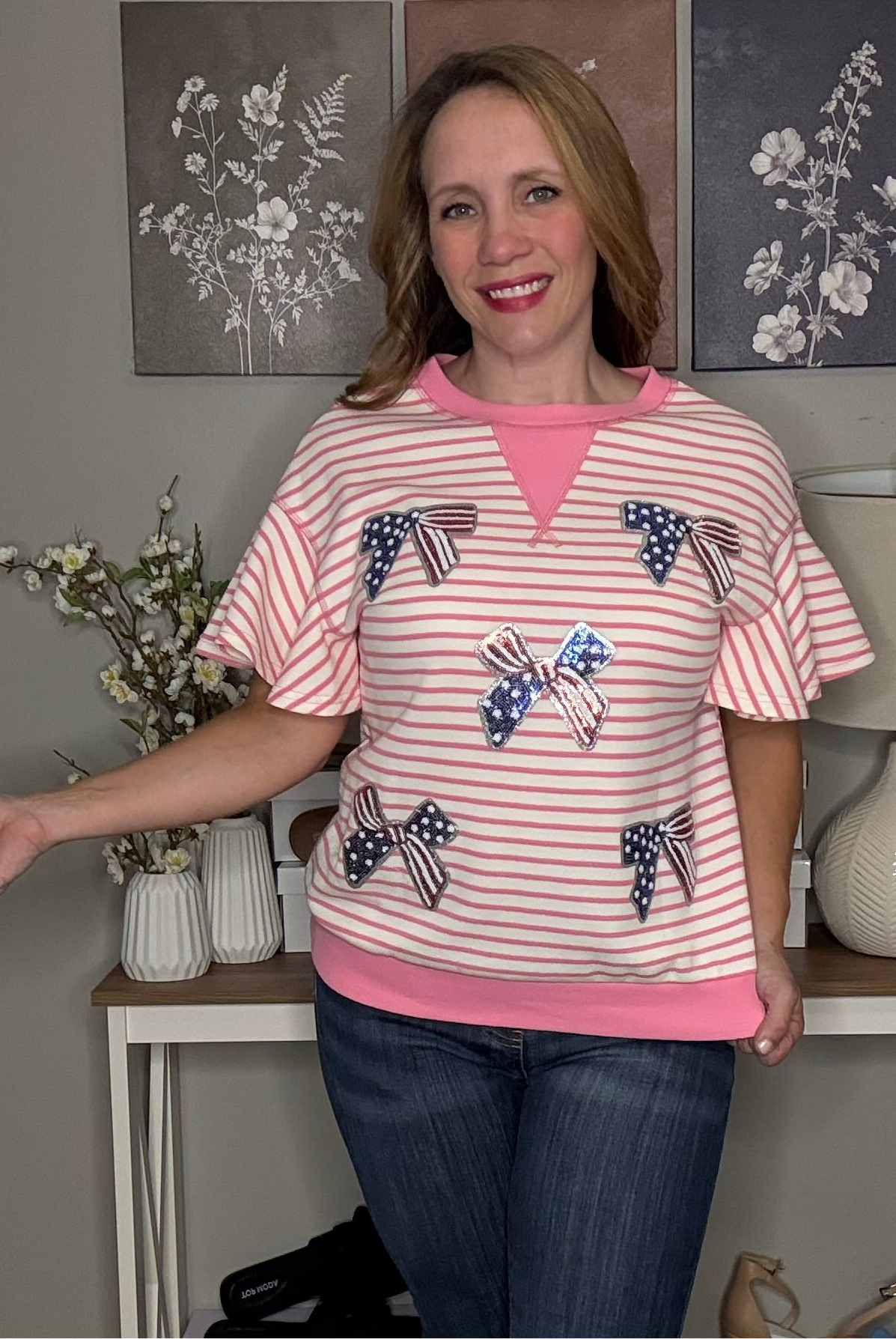 Grateful Threads Boutique “Stars, Stripes & Sass” Sequin Bow Ruffle Tee - Blouses