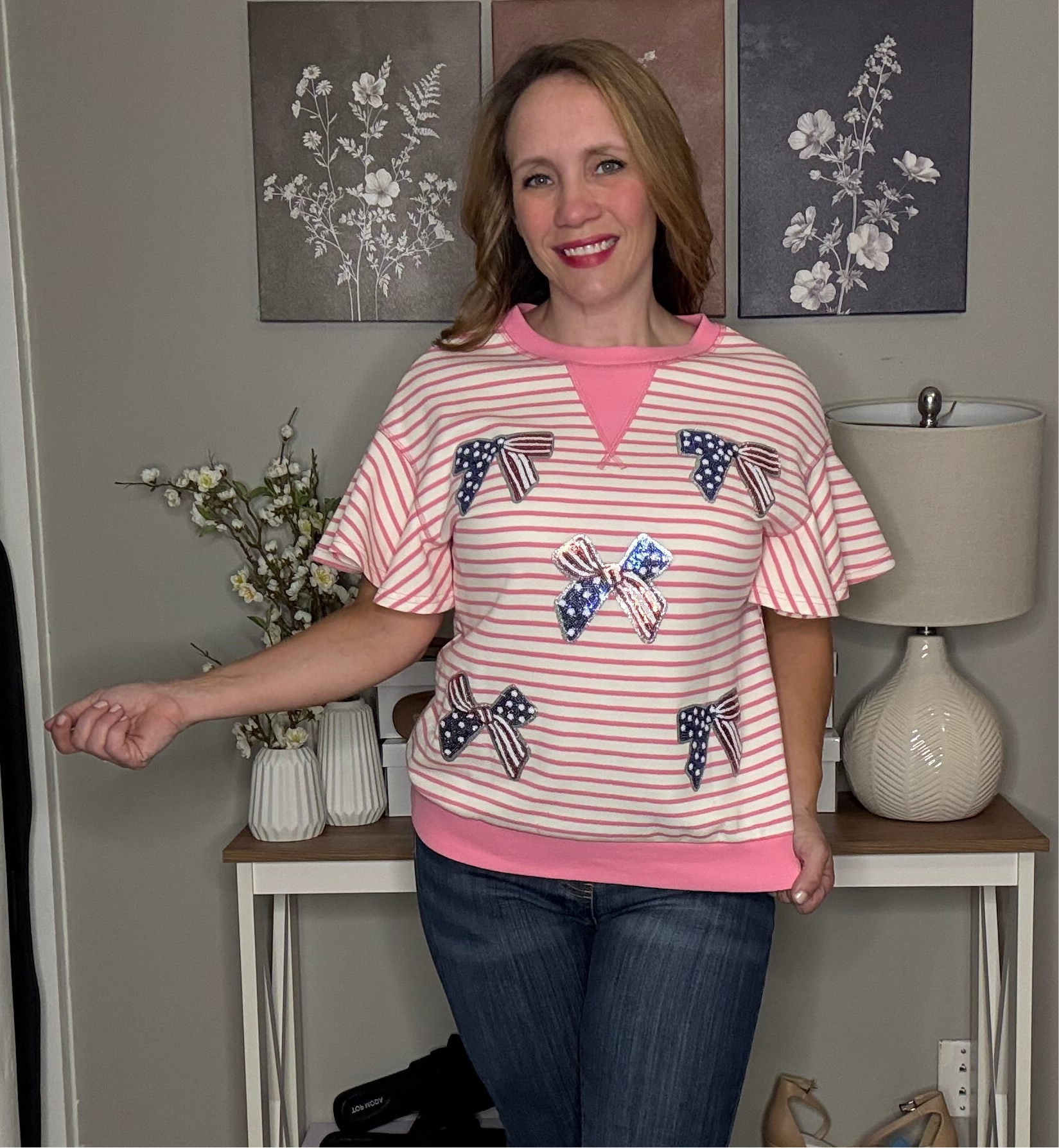 Grateful Threads Boutique “Stars, Stripes & Sass” Sequin Bow Ruffle Tee - Blouses