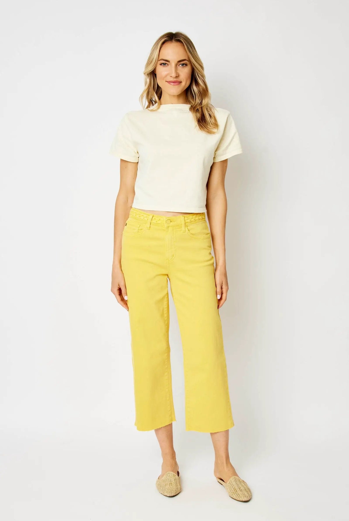 Judy Blue The Braided Waist Band Yellow Cropped Wide Leg Jeans - Jeans Judy Blue High Waisted Yellow Garment Dyed Braided Waist Band Cropped Wide Leg Denim Jeans