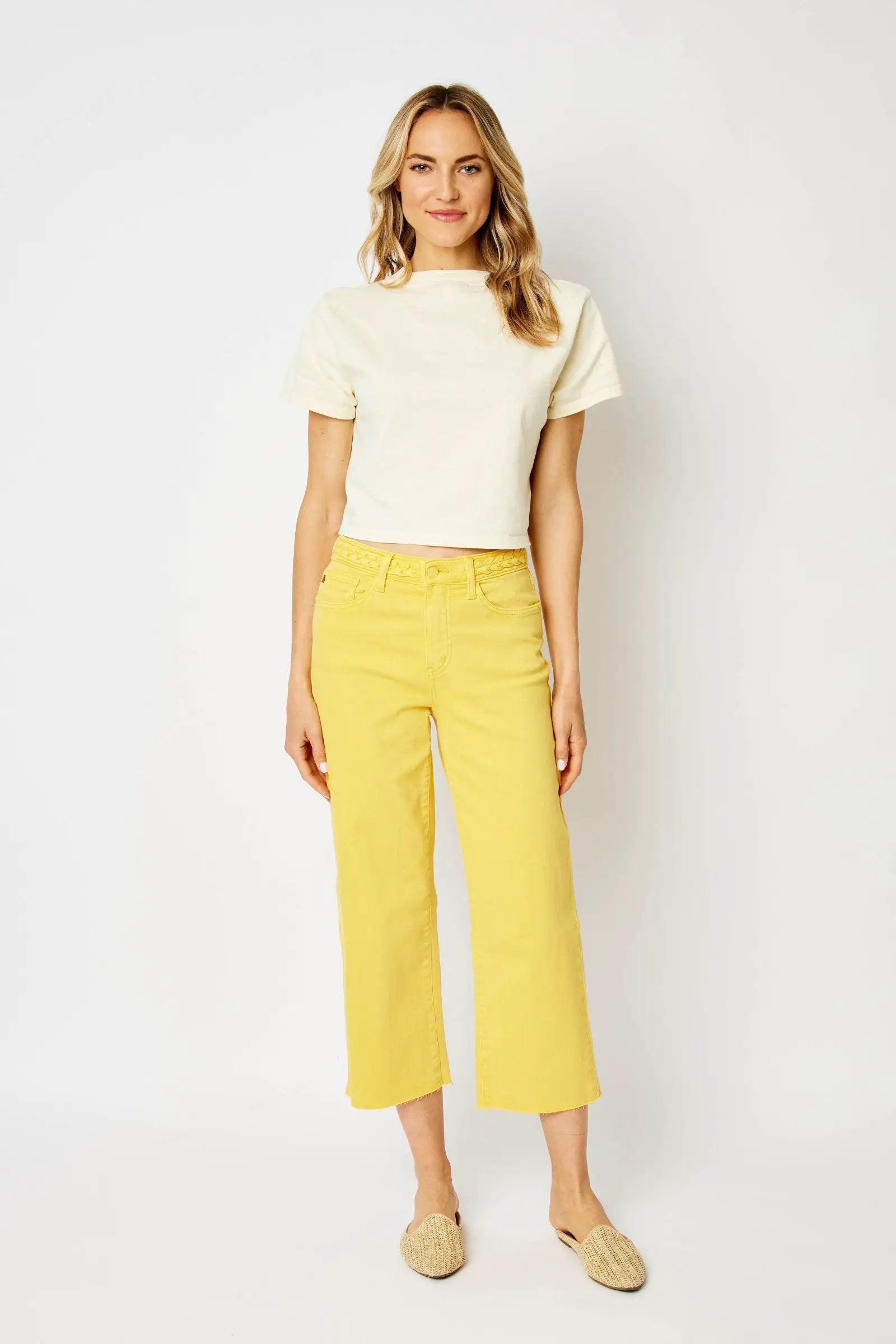 Judy Blue The Braided Waist Band Yellow Cropped Wide Leg Jeans - Jeans Judy Blue High Waisted Yellow Garment Dyed Braided Waist Band Cropped Wide Leg Denim Jeans