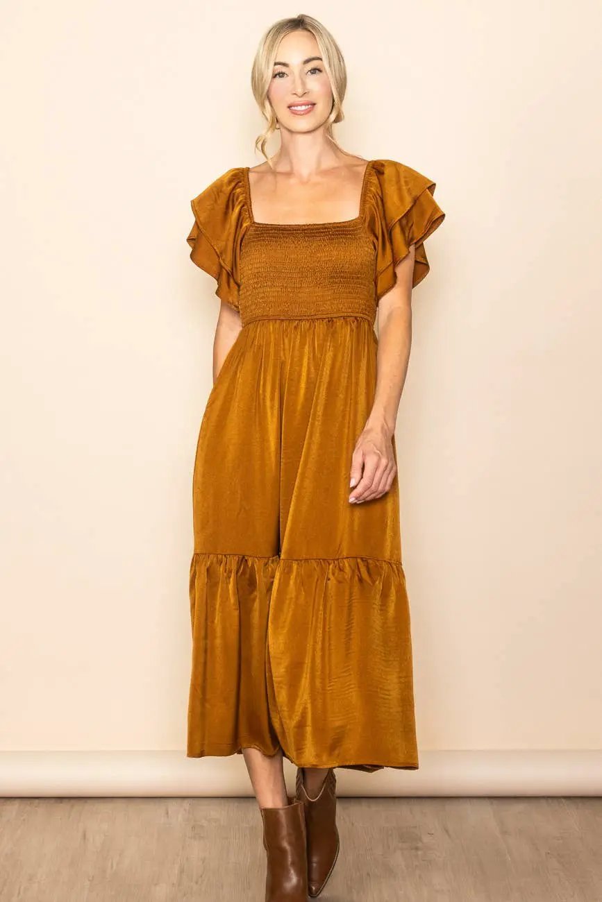Elloh Collection Copper Satin Flowy Flutter Sleeve Smocked Dress - Dresses