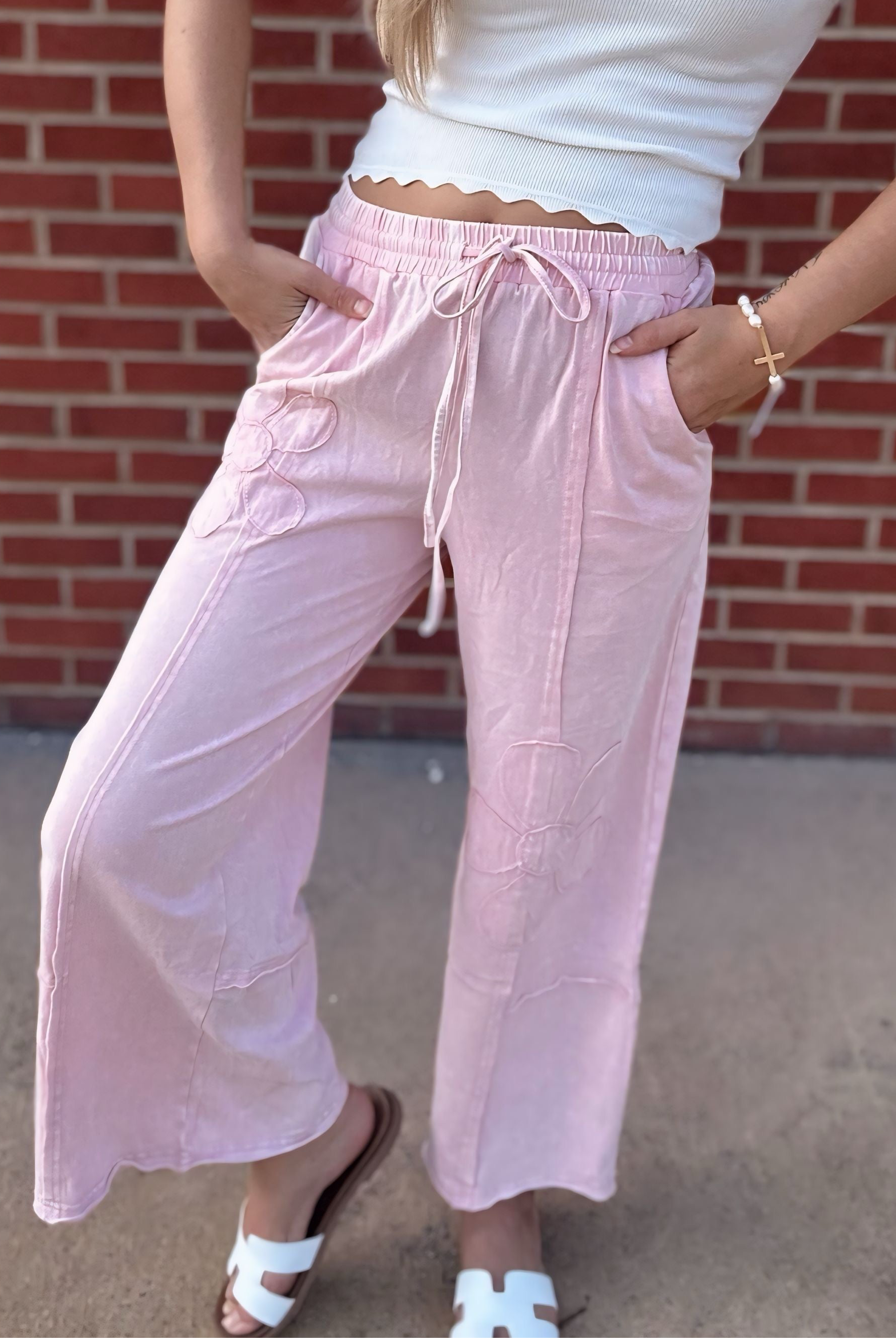 Grateful Threads Boutique Pink Flower Patch Mineral Washed Terry Knit Cropped Wide Leg Pants - Loungewear Bottoms Pink Flower Patch Mineral Washed Terry Knit Cropped Wide Leg Pants