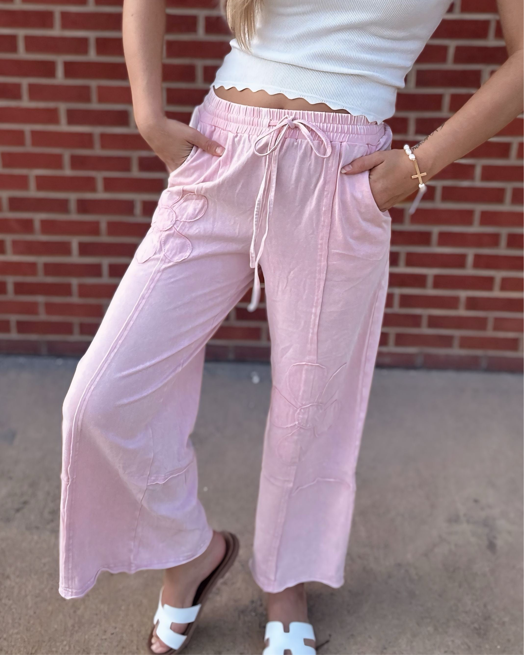 Grateful Threads Boutique Pink Flower Patch Mineral Washed Terry Knit Cropped Wide Leg Pants - Loungewear Bottoms Pink Flower Patch Mineral Washed Terry Knit Cropped Wide Leg Pants