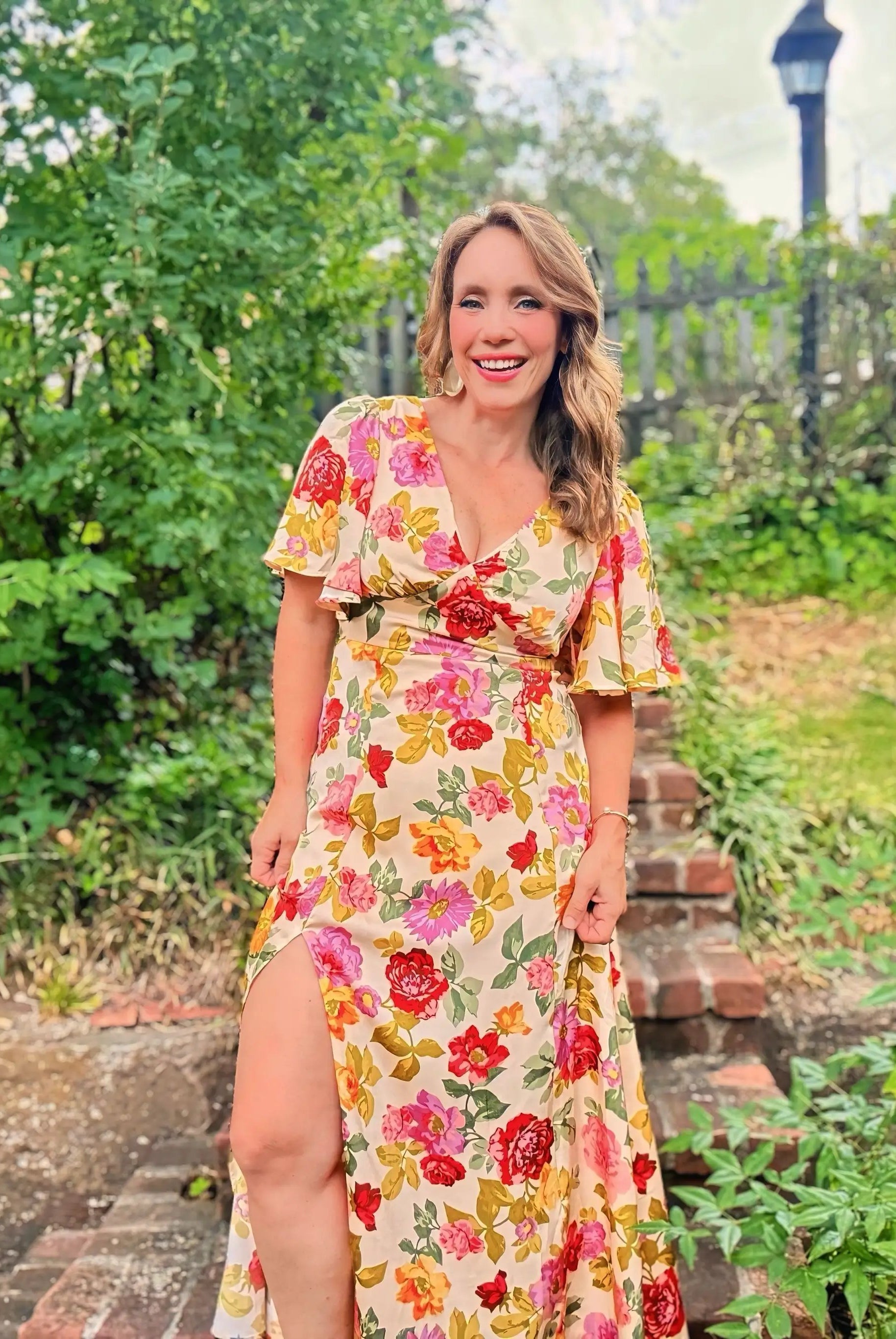 Grateful Threads Boutique Garden Party Escape Maxi Dress - Dresses vintage floral v neck short sleeve tie back long slit dress