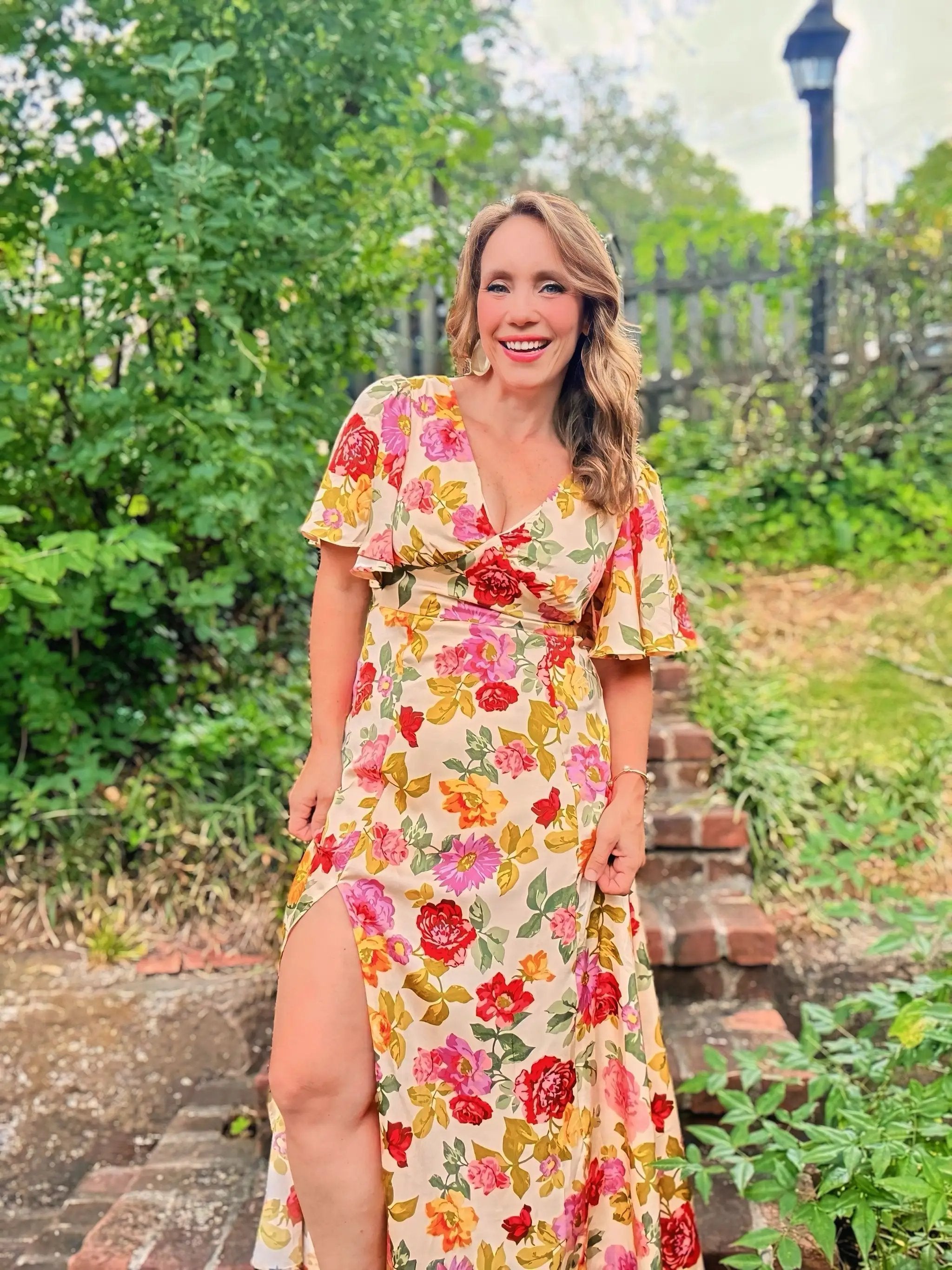Grateful Threads Boutique Garden Party Escape Maxi Dress - Dresses vintage floral v neck short sleeve tie back long slit dress