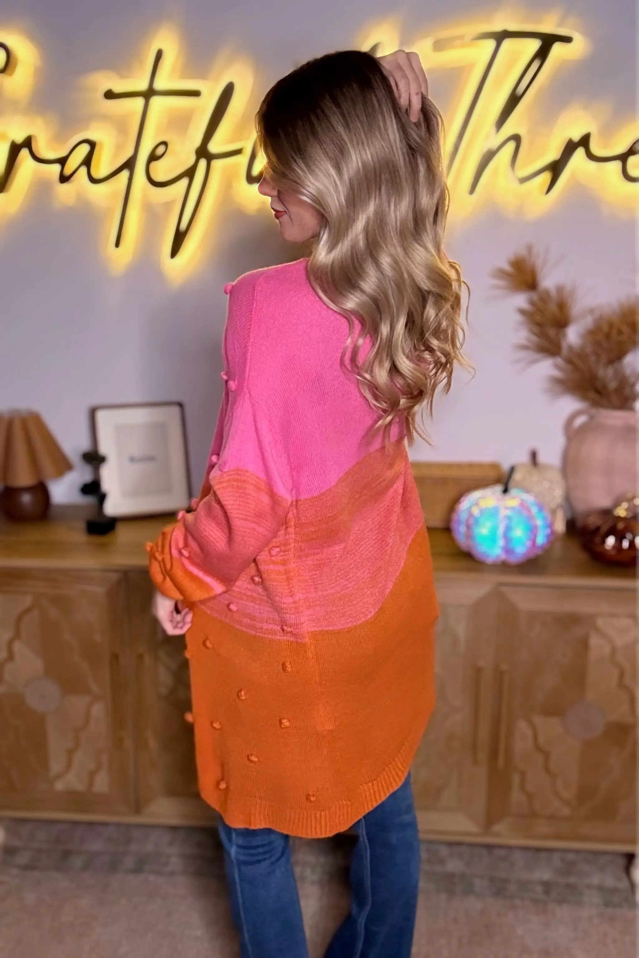 Grateful Threads Boutique Sunset Color Block Pom Pom Open Front Cardigan Sweater - Cardigans Multicolor Pompom Color Block Open Front Cardigan