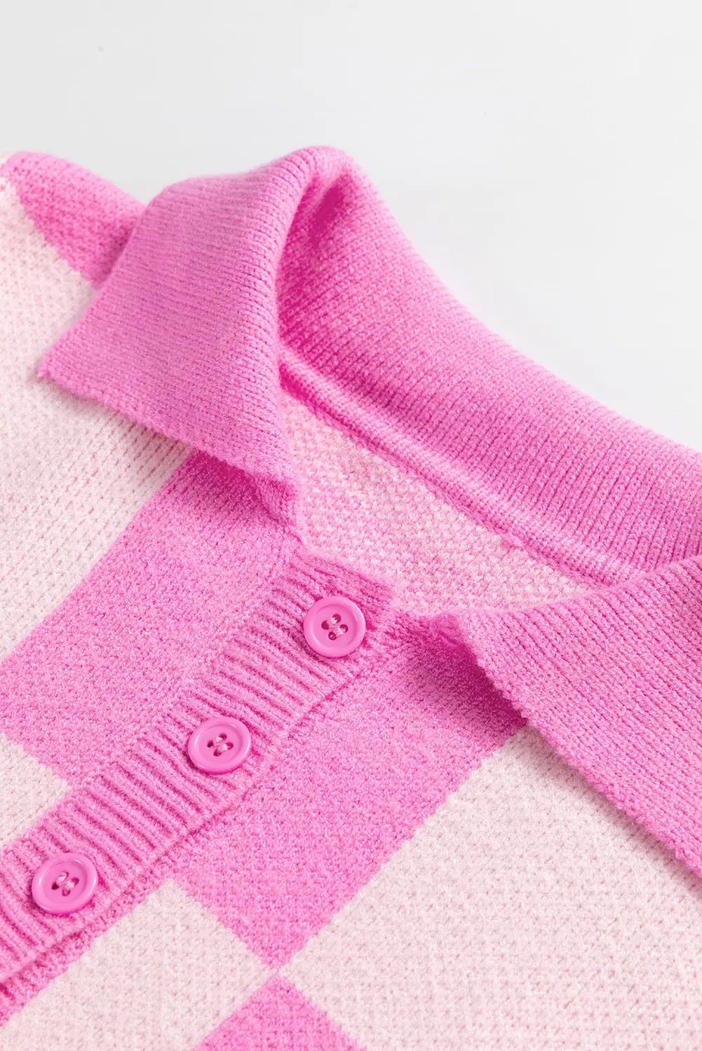 Grateful Threads Boutique Pink Checkerboard Half Button Collared Drop Shoulder Sweater - Sweaters Pink Checkerboard Half Button Collared Drop Shoulder Sweater