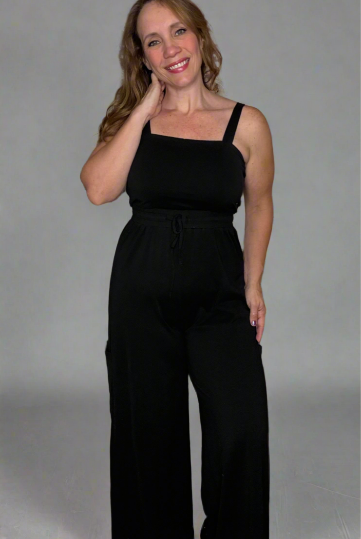 Grateful Threads Boutique Black Drawstring Wide Leg Cargo Pockets Sleeveless Jumpsuit - One-Pieces Black Drawstring Wide Leg Cargo Pockets Sleeveless Jumpsuit
