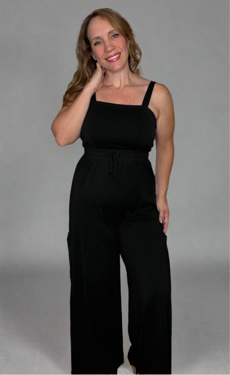 Grateful Threads Boutique Black Drawstring Wide Leg Cargo Pockets Sleeveless Jumpsuit - One-Pieces Black Drawstring Wide Leg Cargo Pockets Sleeveless Jumpsuit