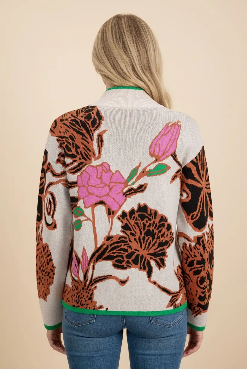 Grateful Threads Boutique Khaki Contrast Trim Floral Pattern Knit Quarter Zip Stand Neck Sweater - Sweaters Khaki Contrast Trim Floral Pattern Knit Quarter Zip Stand Neck Sweater
