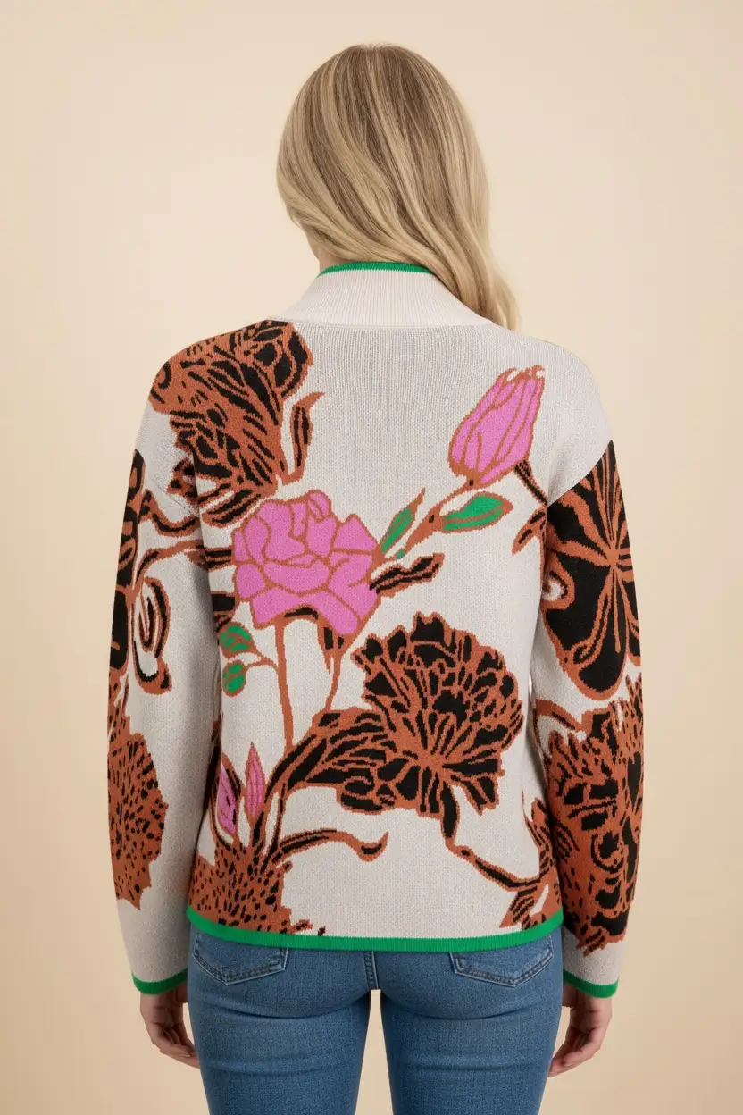 Grateful Threads Boutique Khaki Contrast Trim Floral Pattern Knit Quarter Zip Stand Neck Sweater - Sweaters Khaki Contrast Trim Floral Pattern Knit Quarter Zip Stand Neck Sweater
