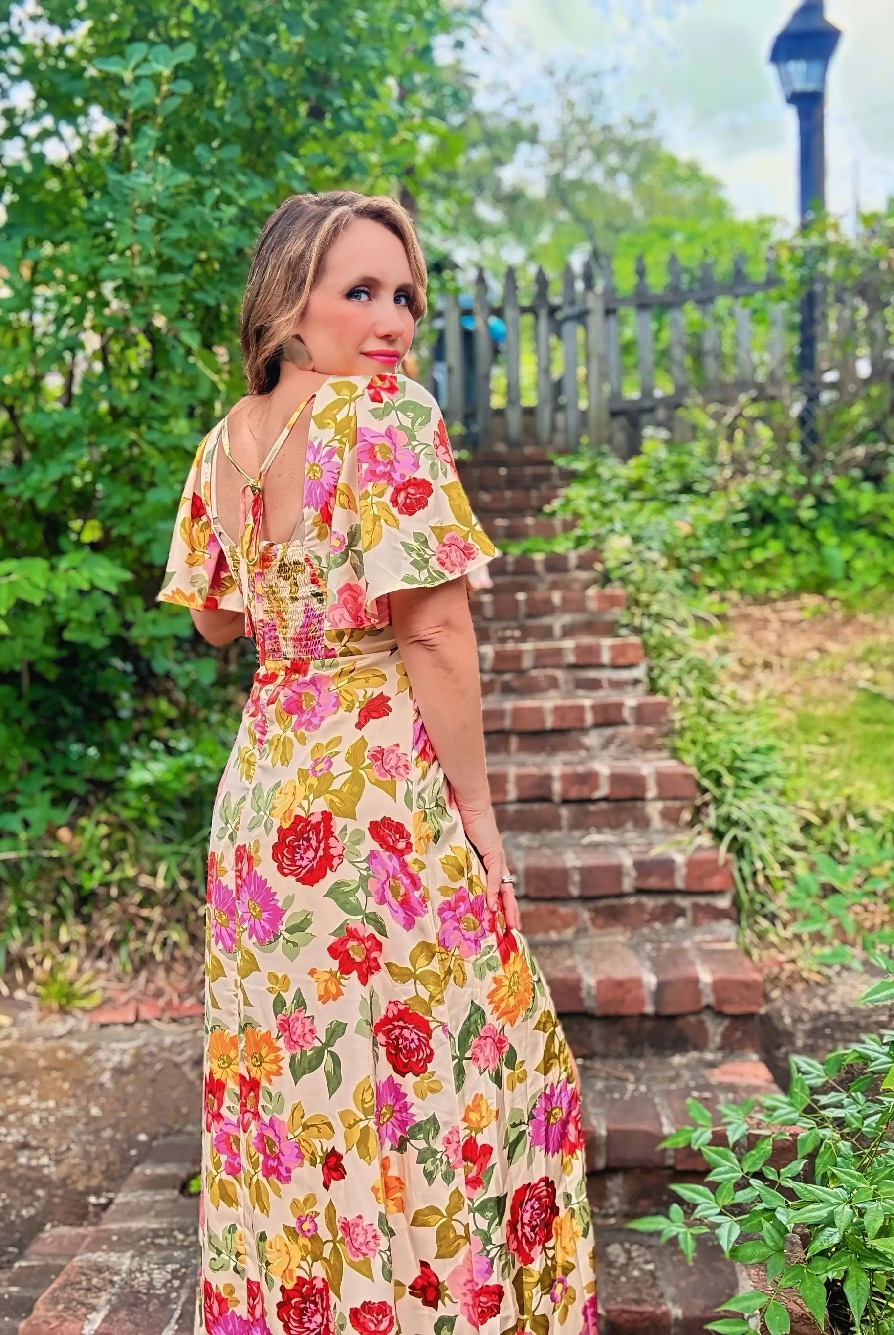 Grateful Threads Boutique Garden Party Escape Maxi Dress - Dresses vintage floral v neck short sleeve tie back long slit dress