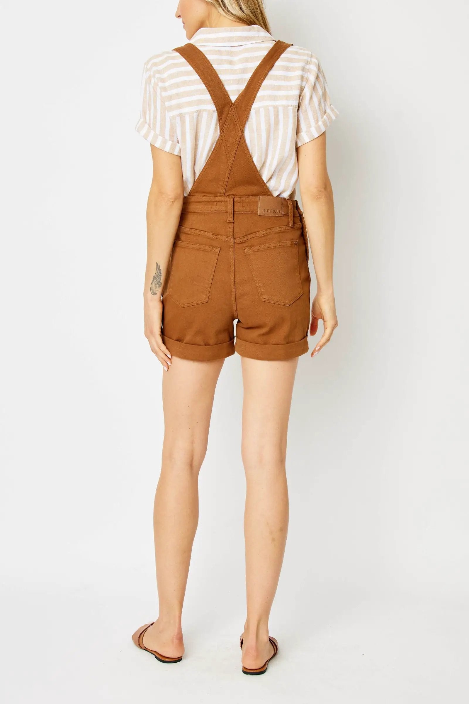 Judy Blue Judy Blue High Waisted Garment Dyed Destroyed Cuffed Brown Overall Shorts - One-Pieces Judy Blue High Waisted Garment Dyed Destroyed Cuffed Brown Overall Shorts