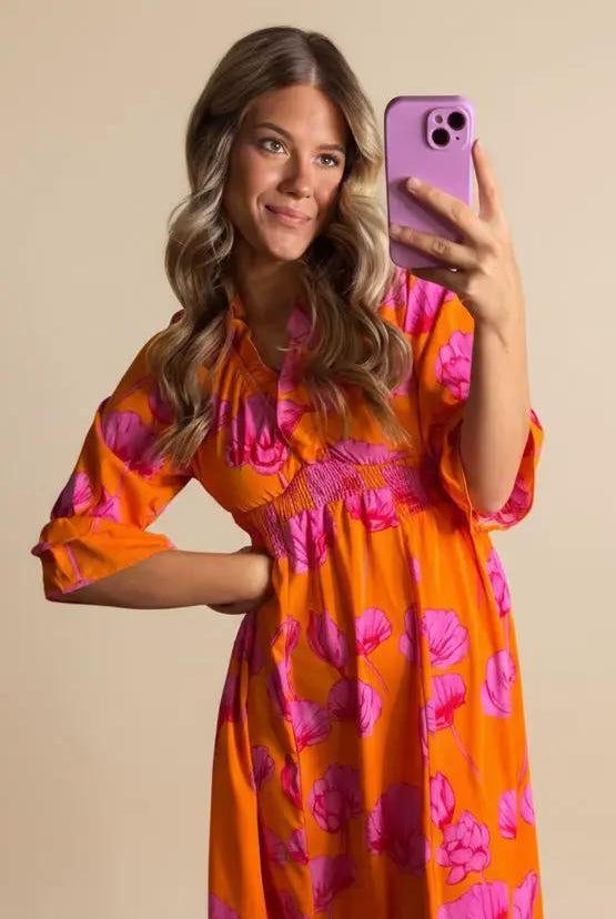 Grateful Threads Boutique Orange Floral Print Frilly Smocked V Neck 3/4 Sleeve Long Dress - Dresses Orange Floral Print Frilly Smocked V Neck 3/4 Sleeve Long Dress