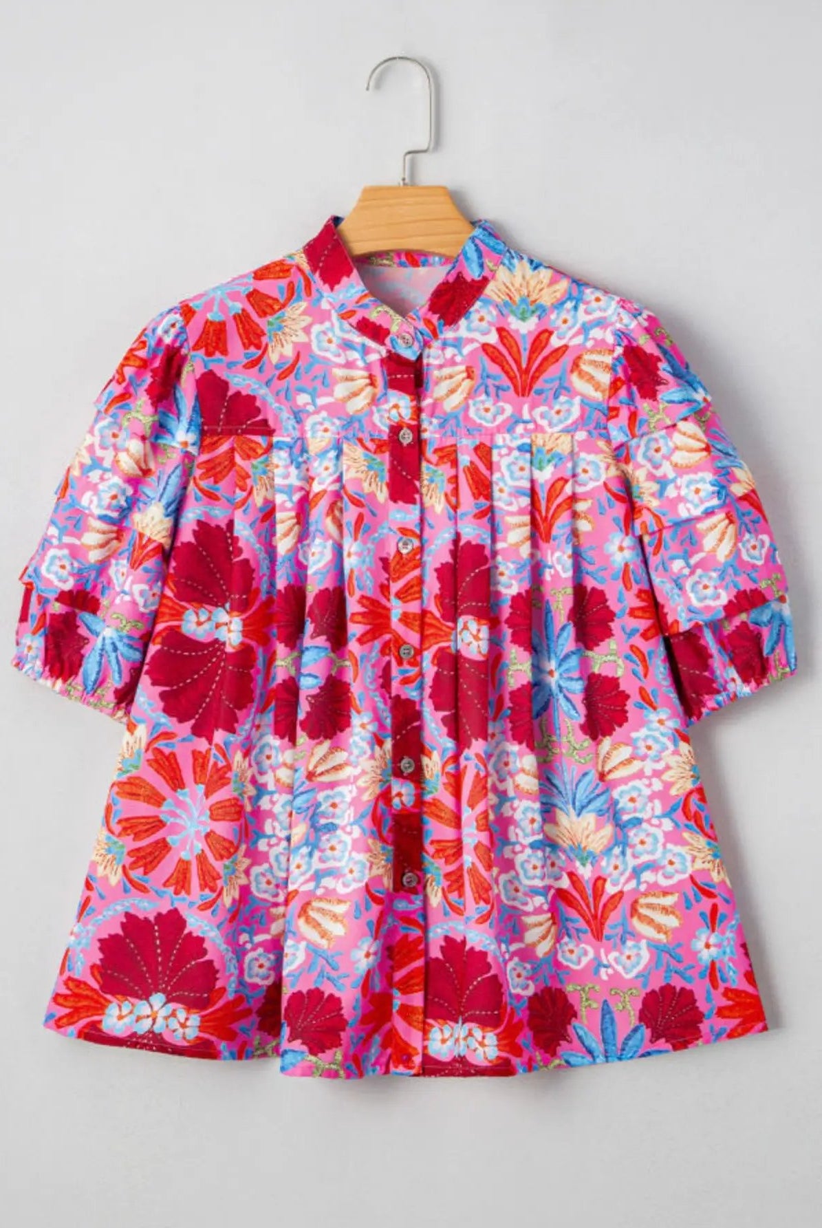 Grateful Threads Boutique Tropical Tango Bubble Sleeve Button-Up Pleated Top - Blouses