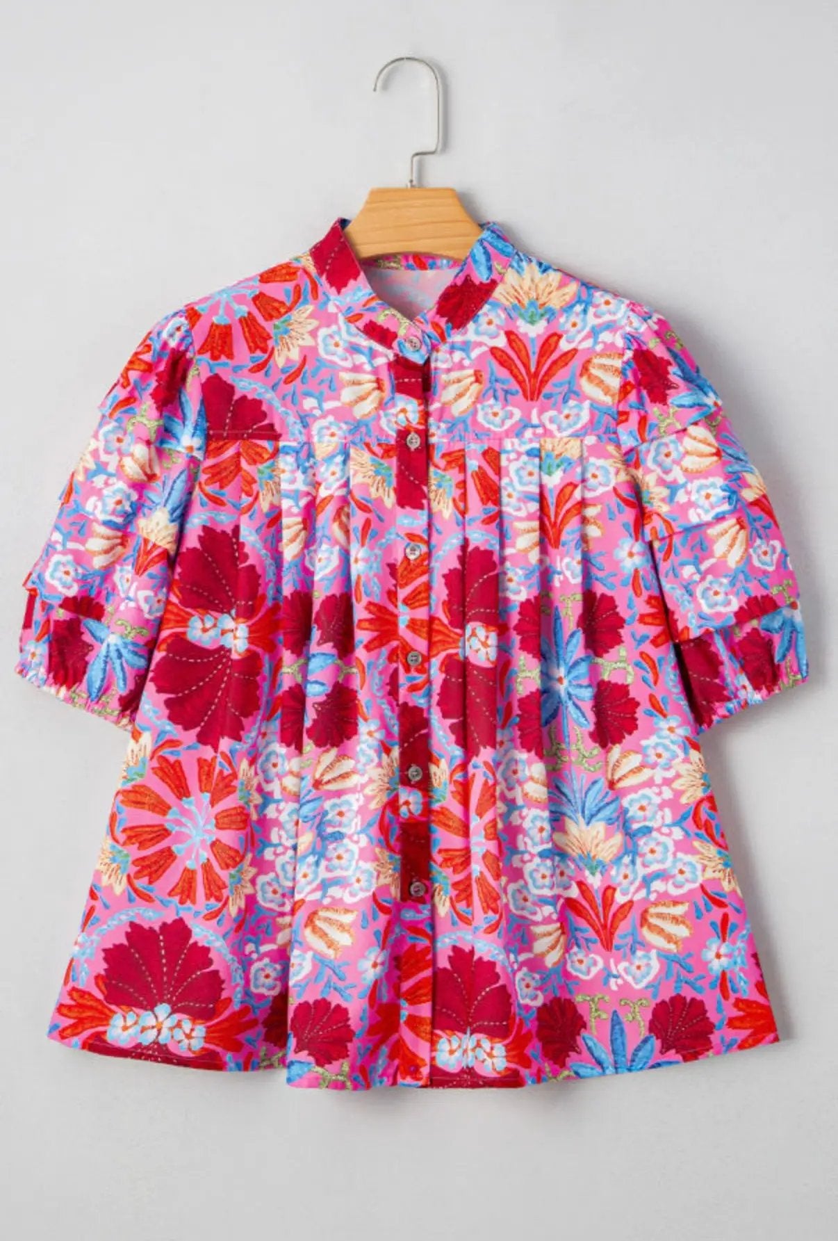 Grateful Threads Boutique Tropical Tango Bubble Sleeve Button-Up Pleated Top - Blouses