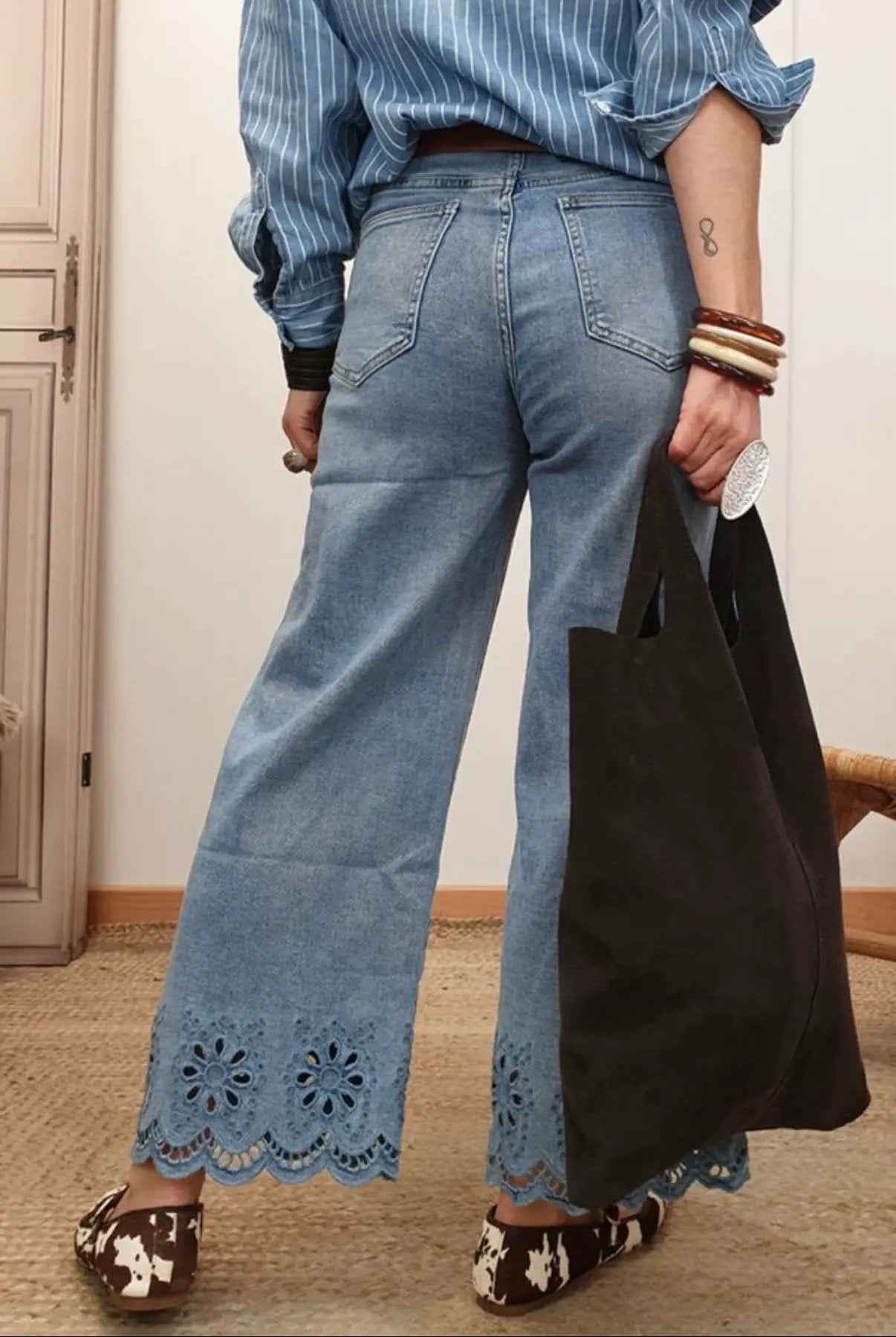 Grateful Threads Boutique Dusk Blue Embroidered Cropped Wide Leg High Waist Jeans - Jeans