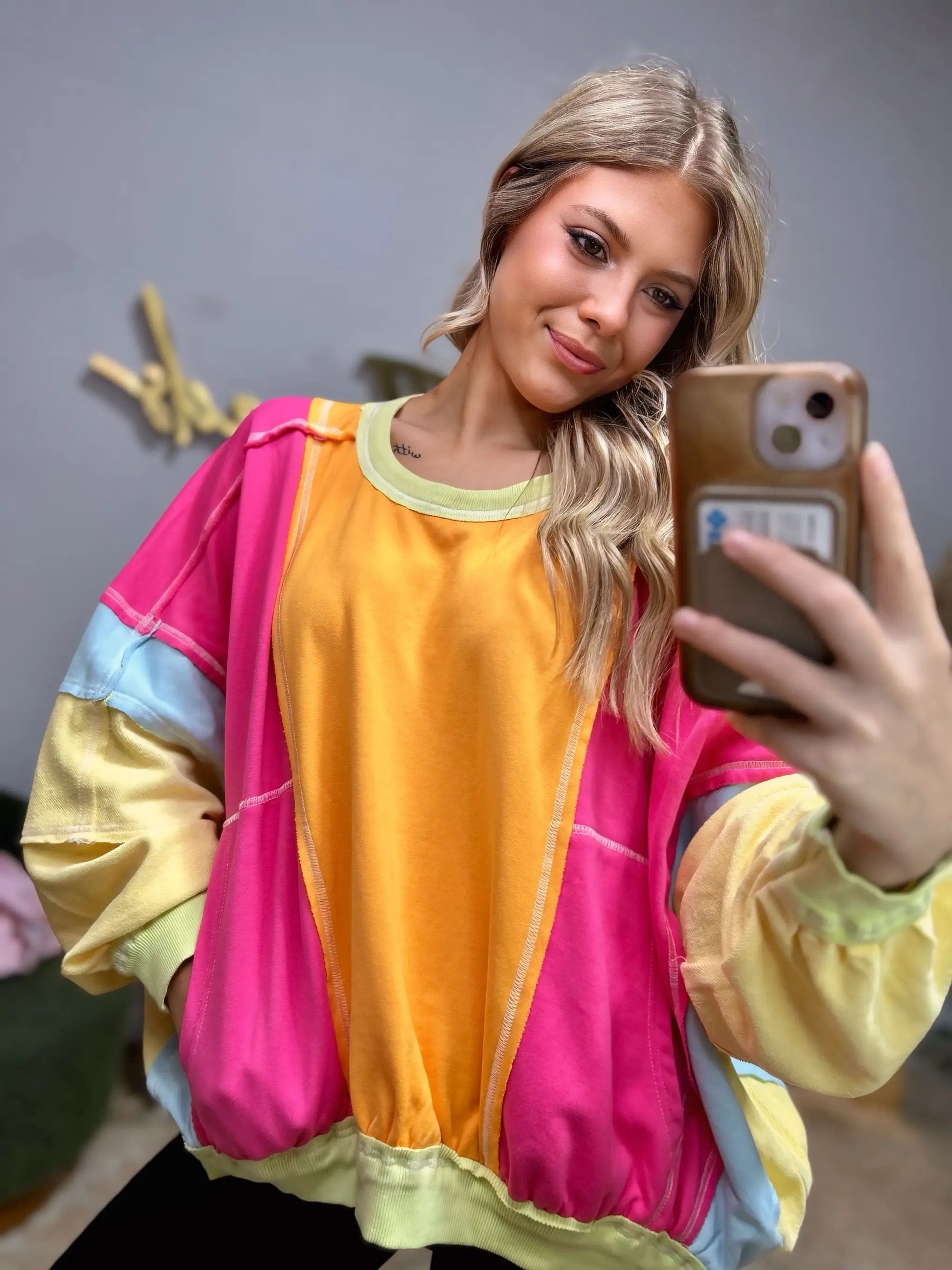 BiBi Colorblock Patchwork Exposed Seam Sweatshirt - Sweatshirts