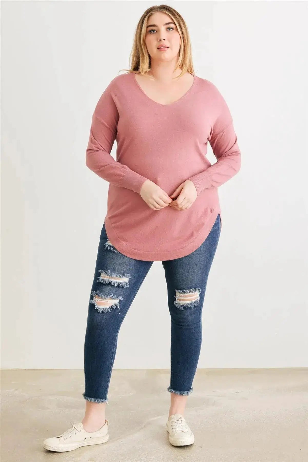 Zenobia Plus Size Lace-Up Back Curved Hem Basic Knit Top - Clothing Tops Plus size Lace-up back knit top