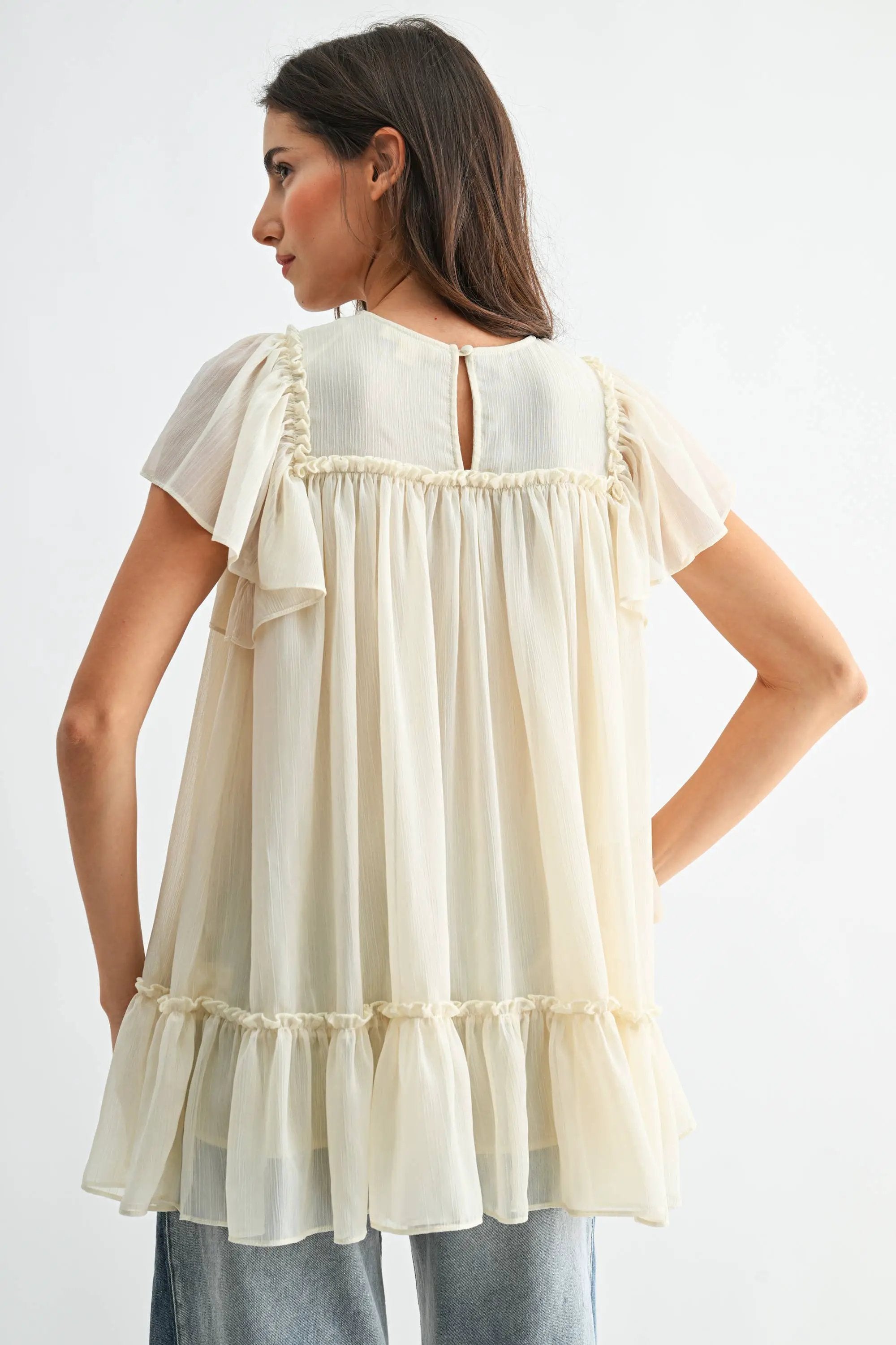 Camellia The Sheer Lace Yoke Ruffle Sleeve Blouse: CREAM - Blouses