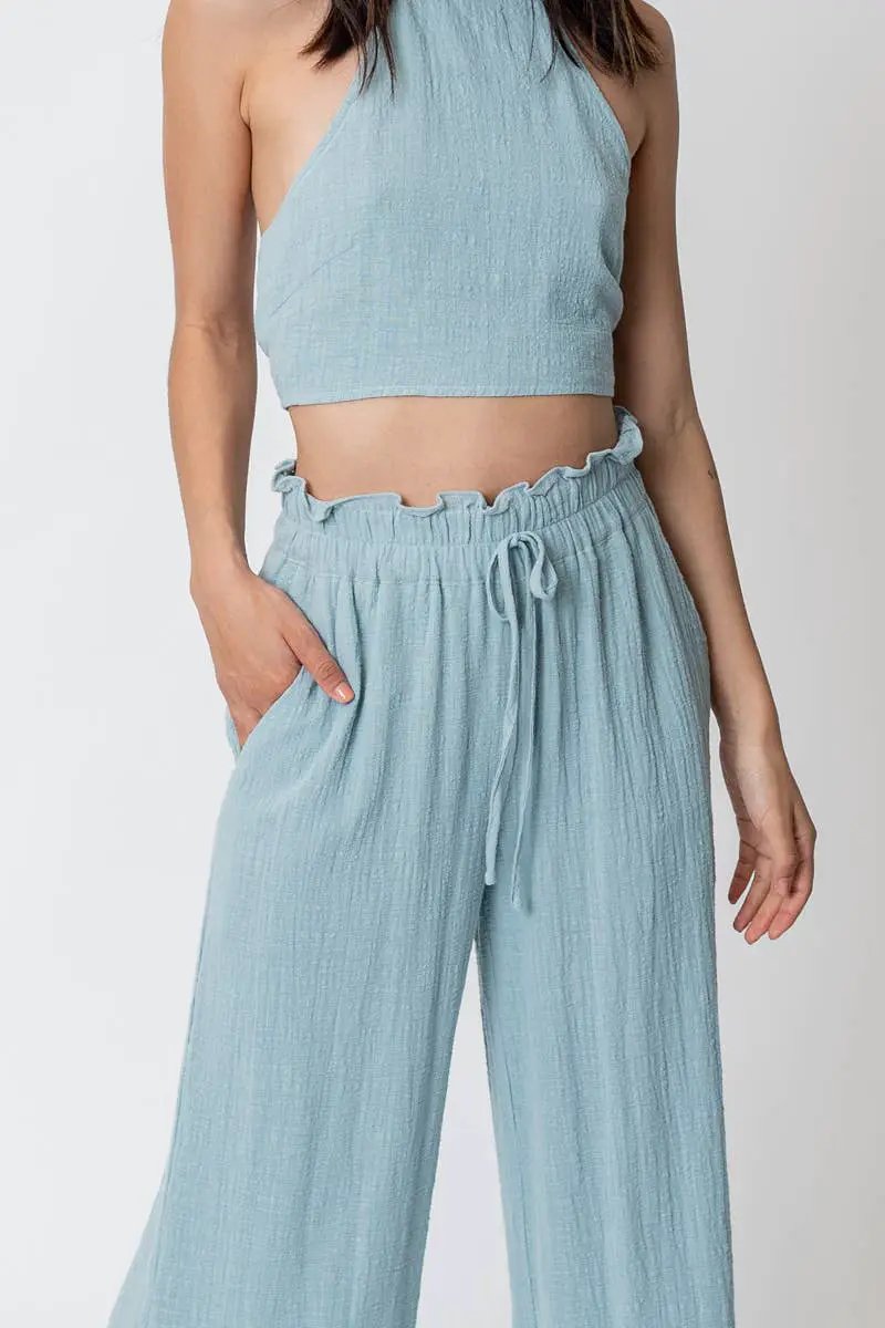 En Crème En Crème Light Blue Cropped Halter Top and Pants Set - Outfit Sets cropped halter top and pants set