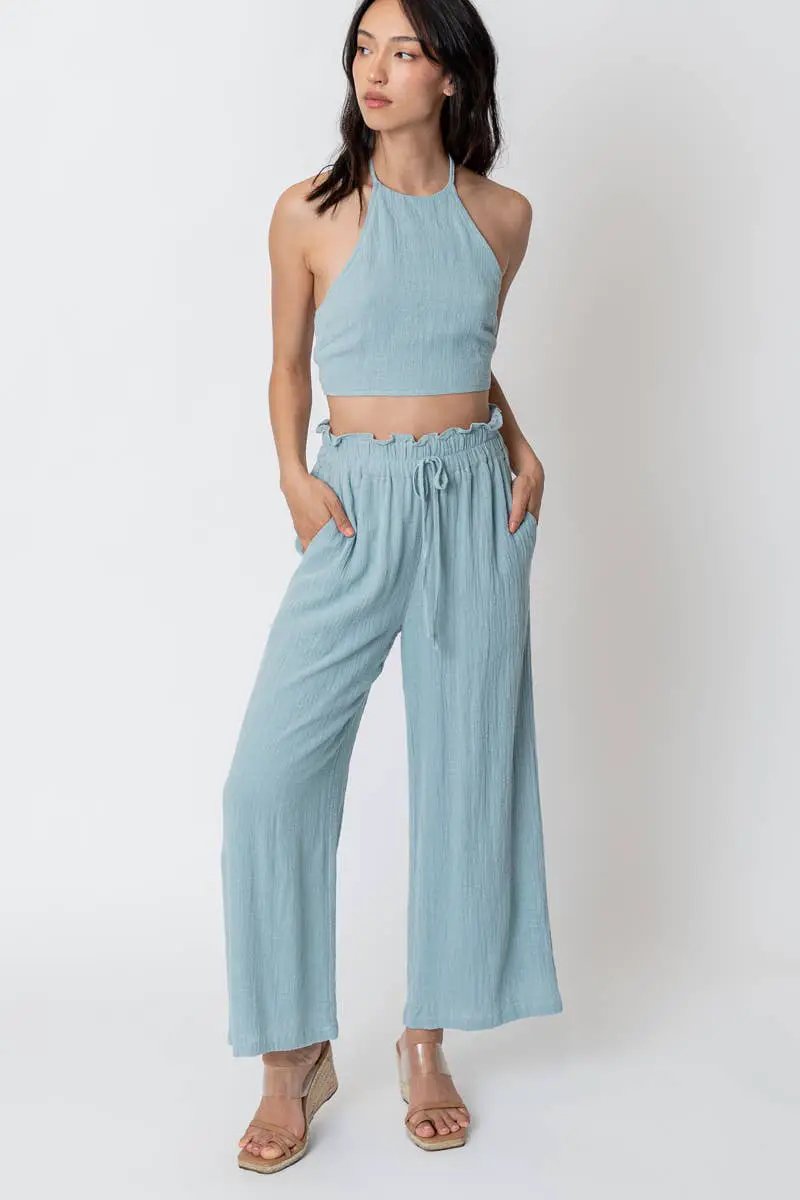 En Crème En Crème Light Blue Cropped Halter Top and Pants Set - Outfit Sets cropped halter top and pants set