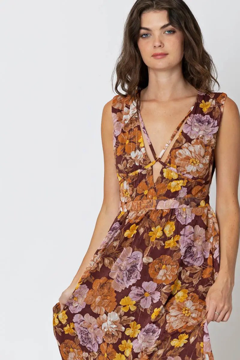En Crème En Crème Brown Multi Floral Sleeveless V-Neck Maxi Dress - Dresses brown multi floral maxi dress