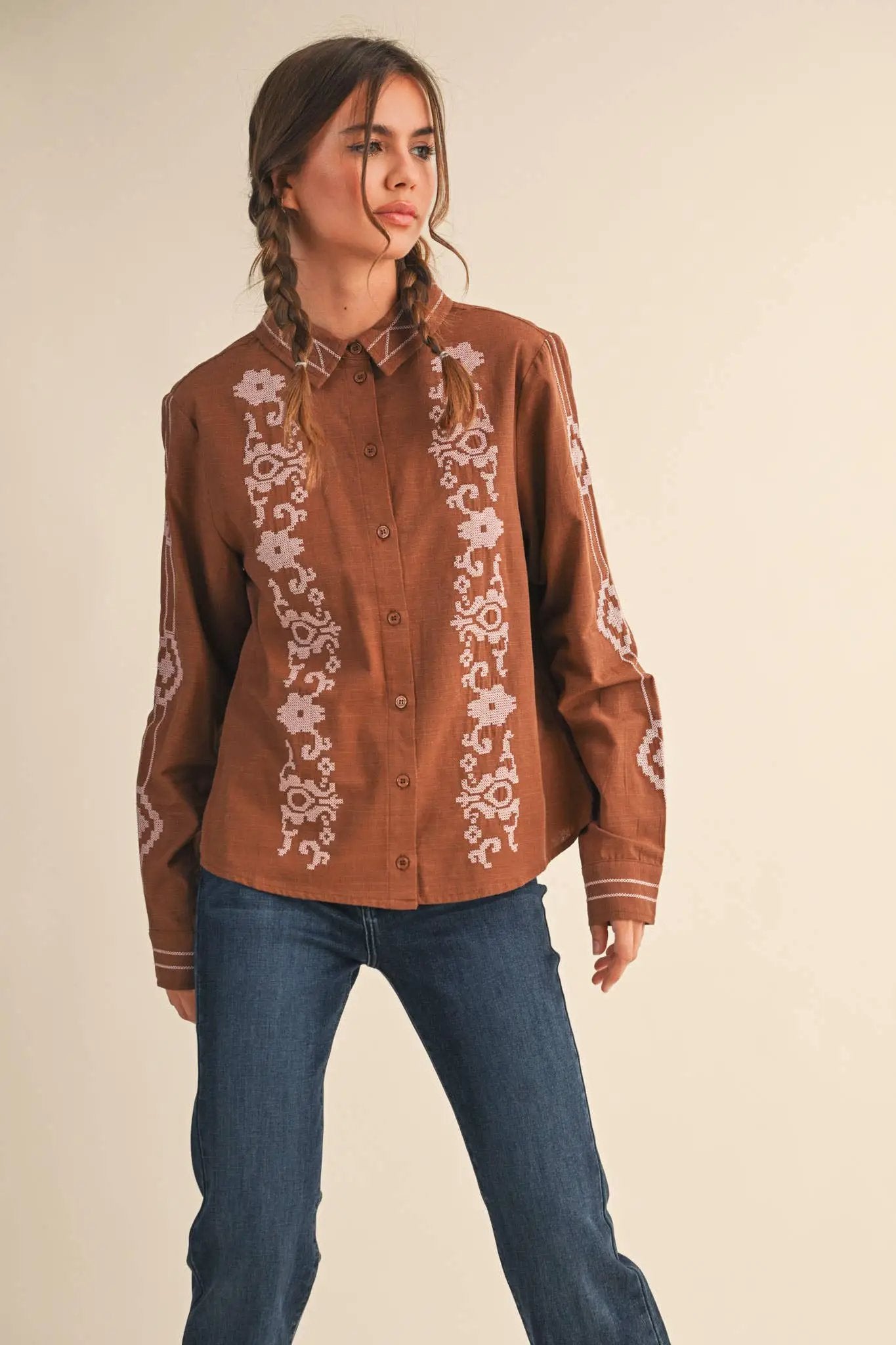 &MERCI &merci - Embroidered Button-Up Top in Mocha Brown - Blouses
