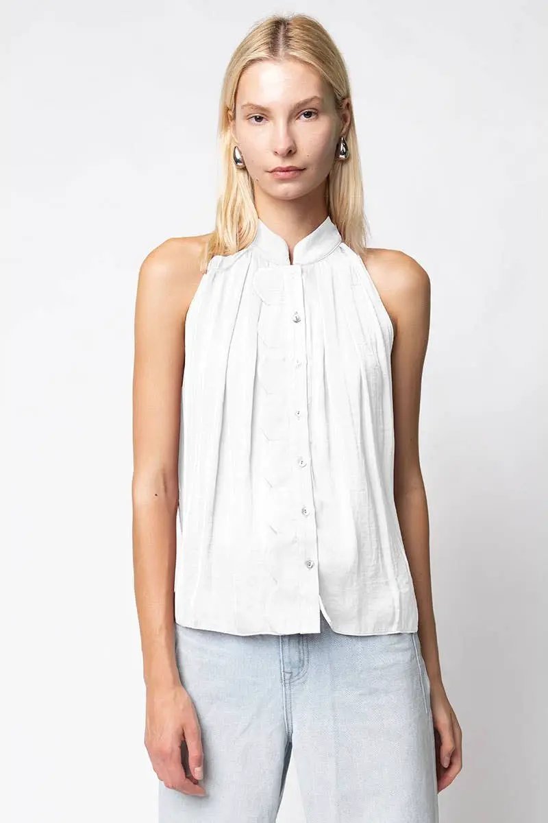 Naked Zebra The Scallop-trim Button Up Sleeveless Top: Off White - Blouses