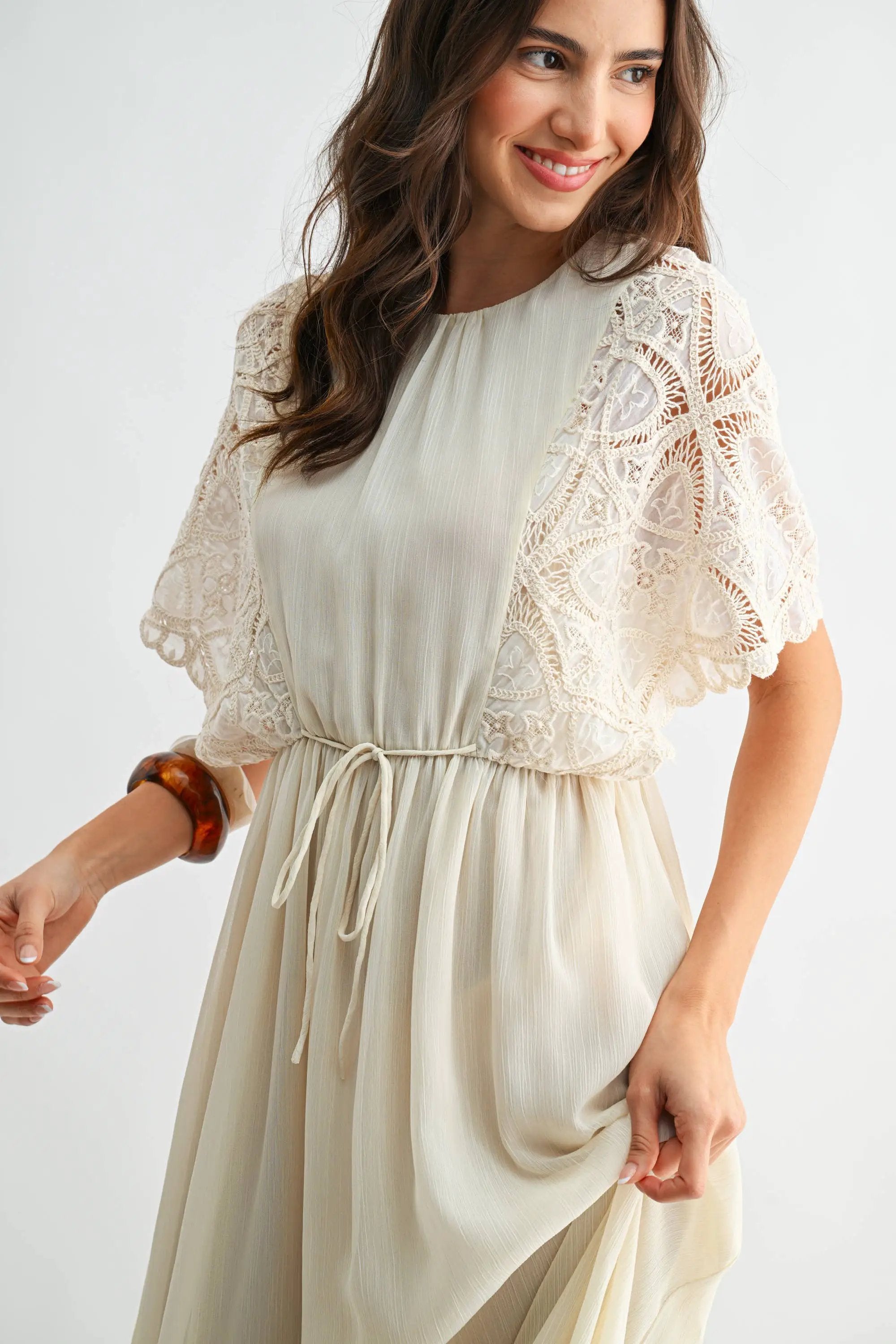 Camellia The Crochet Lace Short Sleeve Midi Dress: CREAM - Dresses