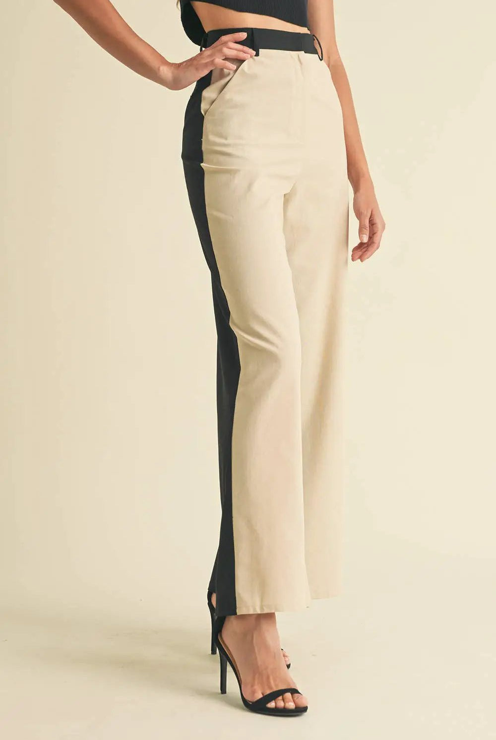Endless Blu Endless Blu Black/Almond Color Block Linen Trouser Pants - Pants