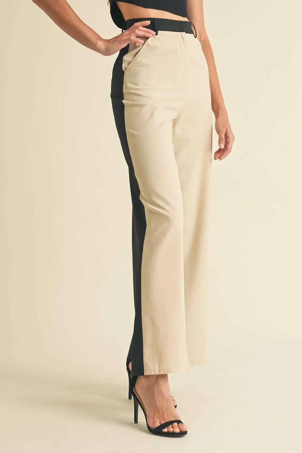 Endless Blu Endless Blu Black/Almond Color Block Linen Trouser Pants - Pants