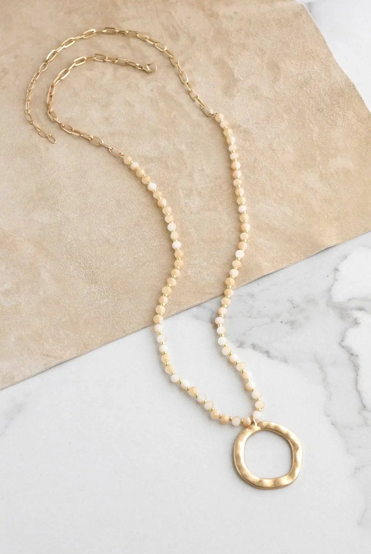 PennyLine inc The Light Brown Beaded Necklace with Gold Tone Circle Pendant - Jewelry beaded necklace