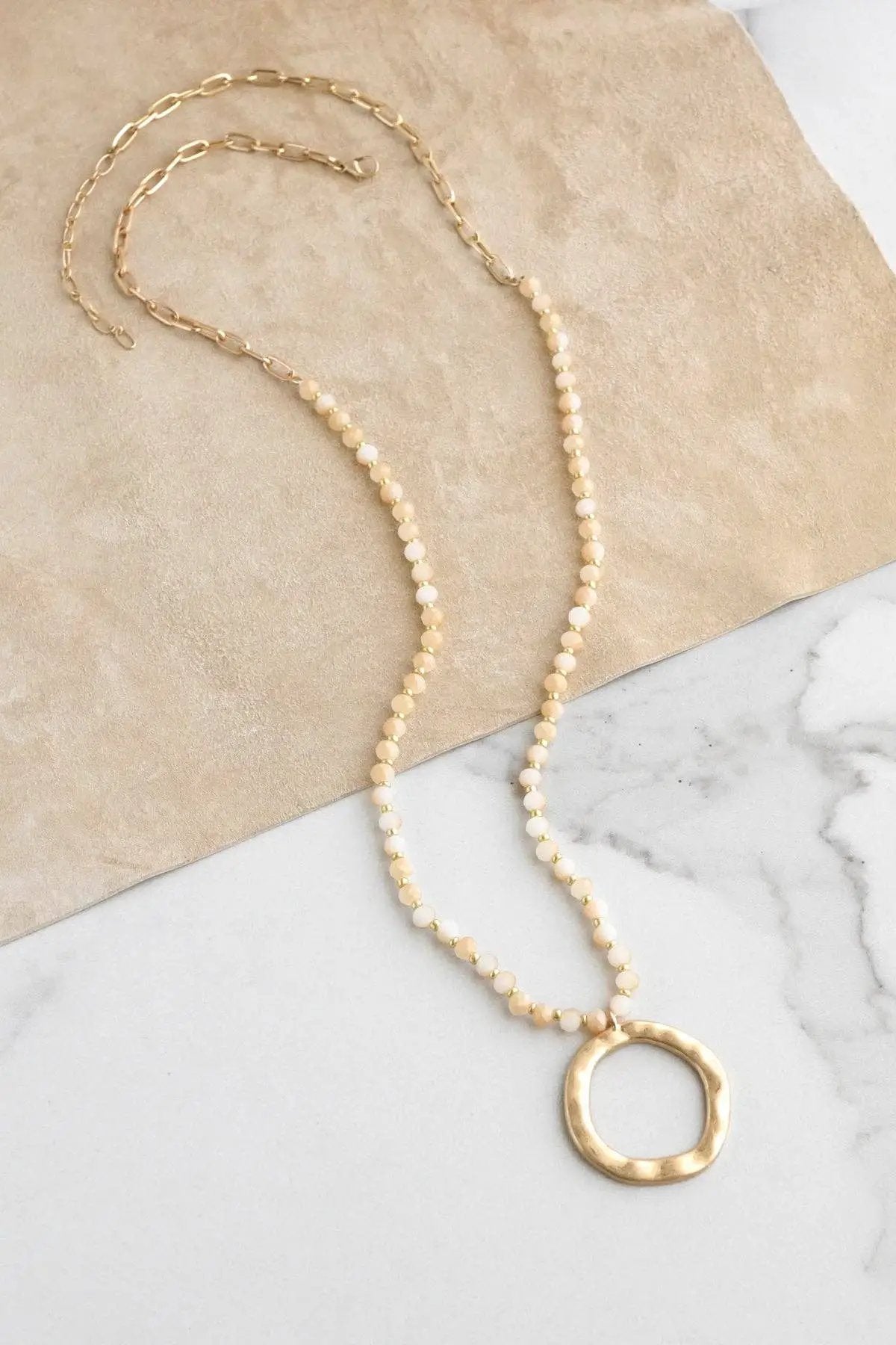 PennyLine inc The Light Brown Beaded Necklace with Gold Tone Circle Pendant - Jewelry beaded necklace