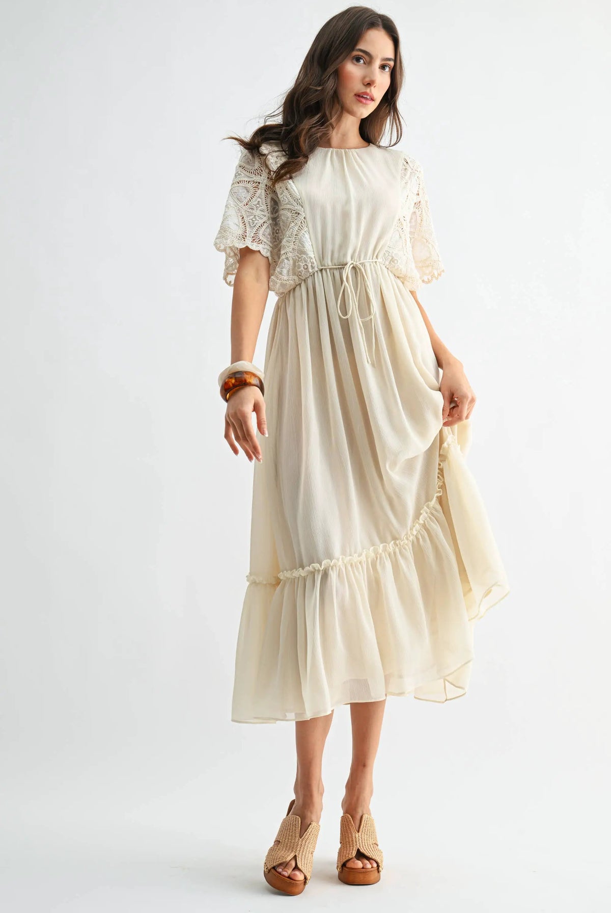 Camellia The Crochet Lace Short Sleeve Midi Dress: CREAM - Dresses